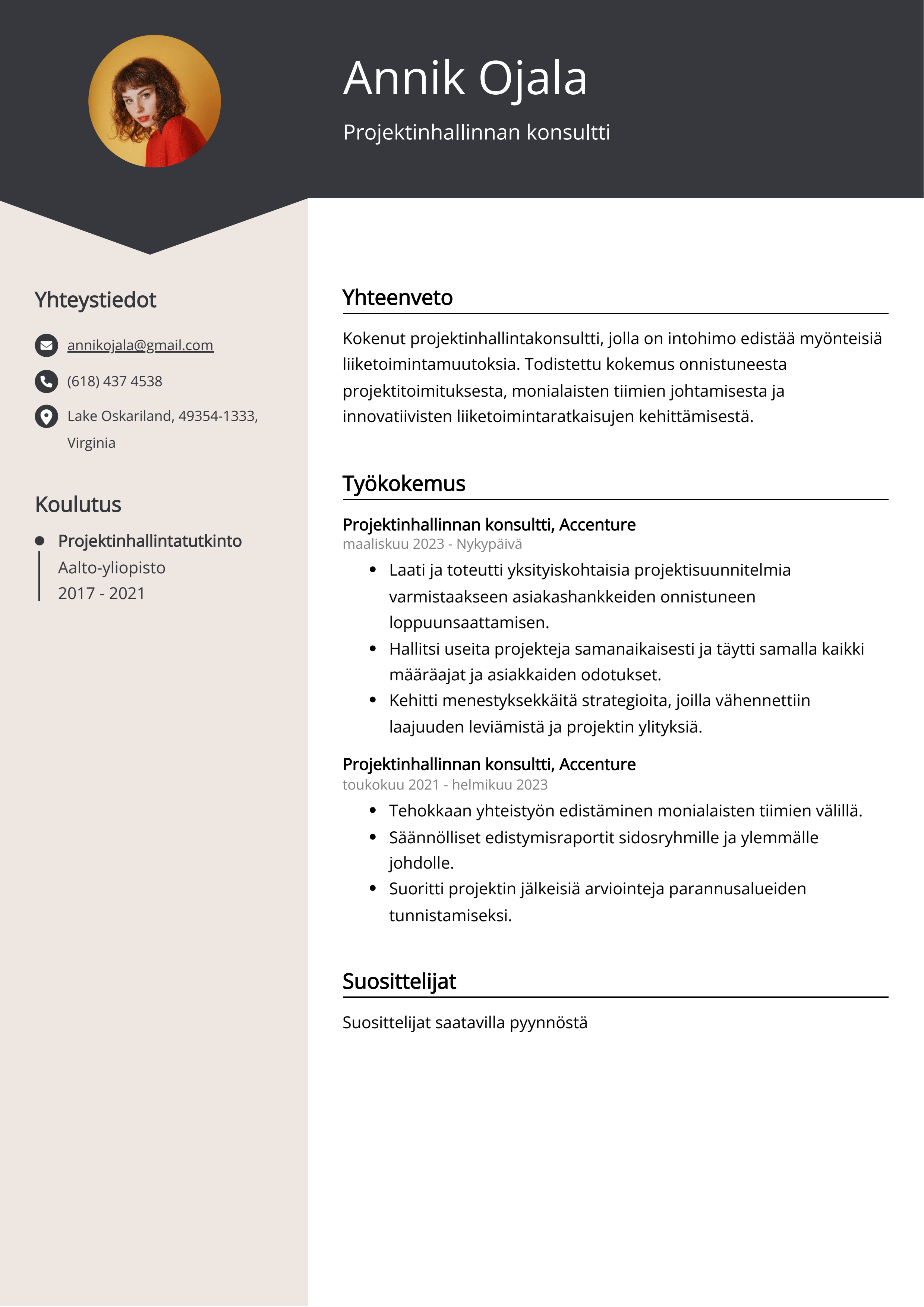 Projektinhallinnan konsultti Resume Example