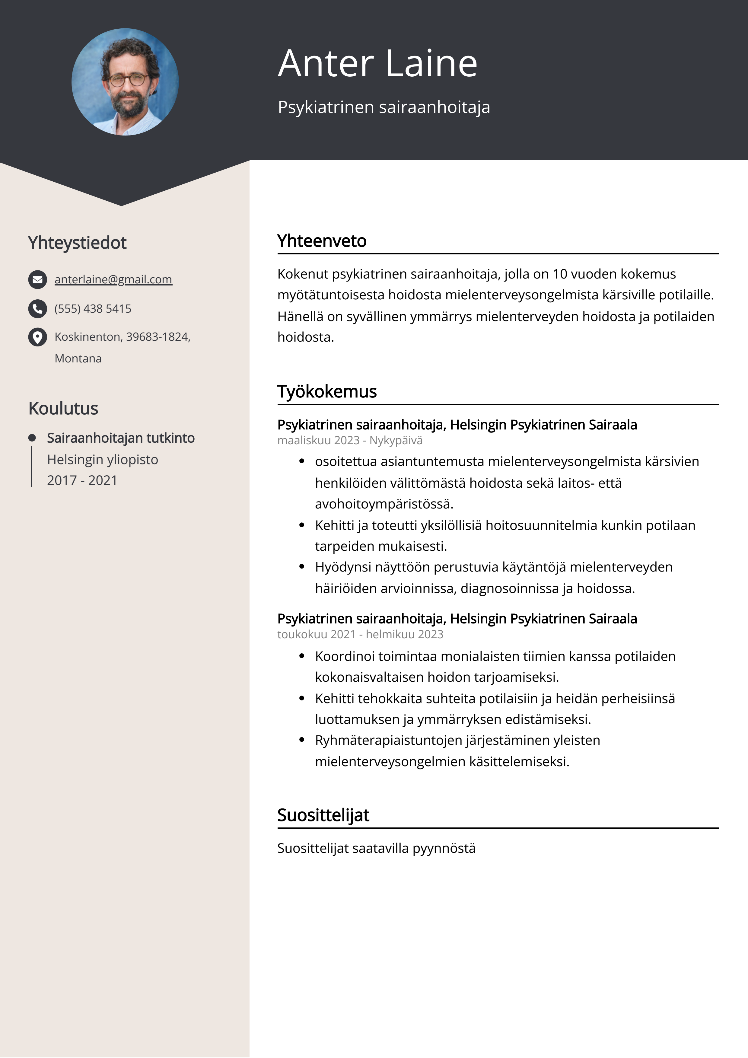 Psykiatrinen sairaanhoitaja Resume Example