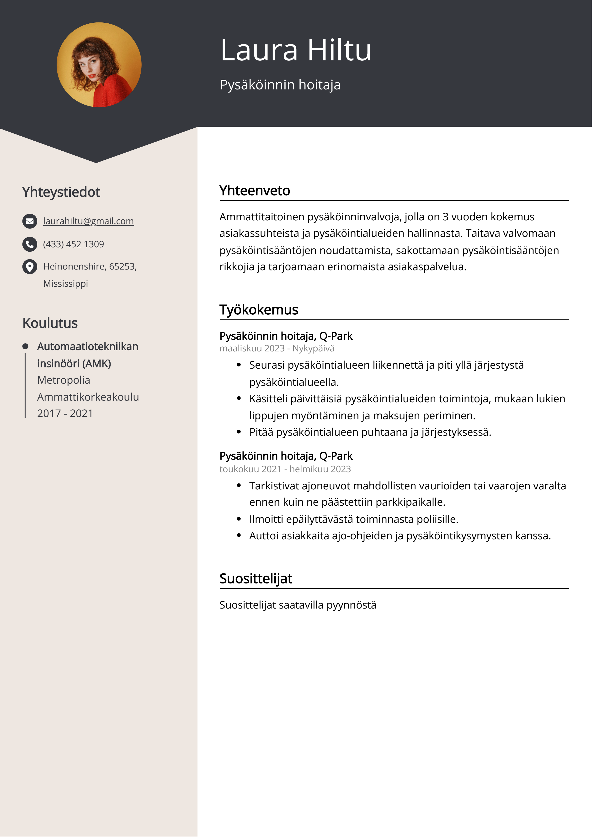 Pysäköinnin hoitaja Resume Example