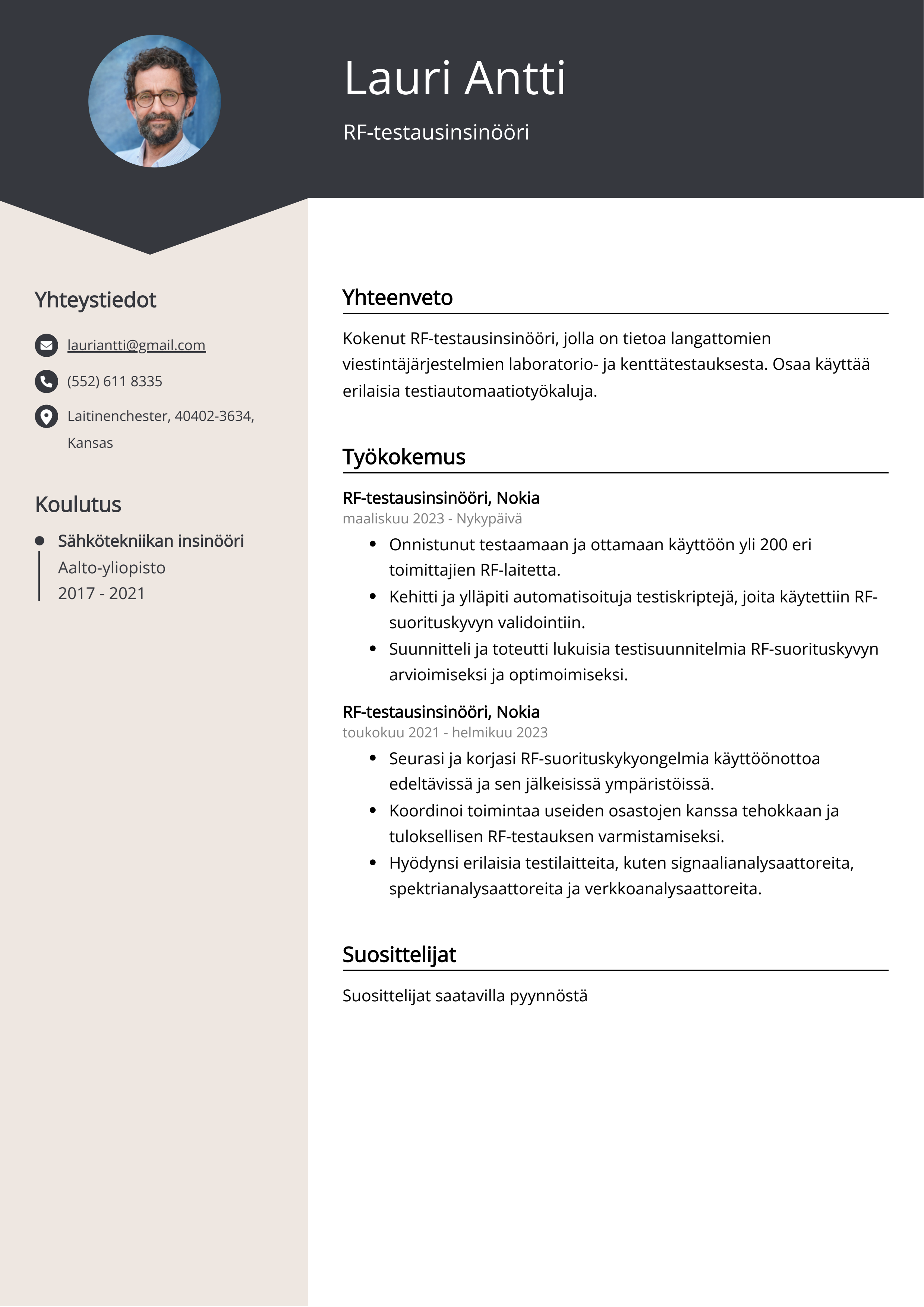 RF-testausinsinööri Ansioluettelo Esimerkki