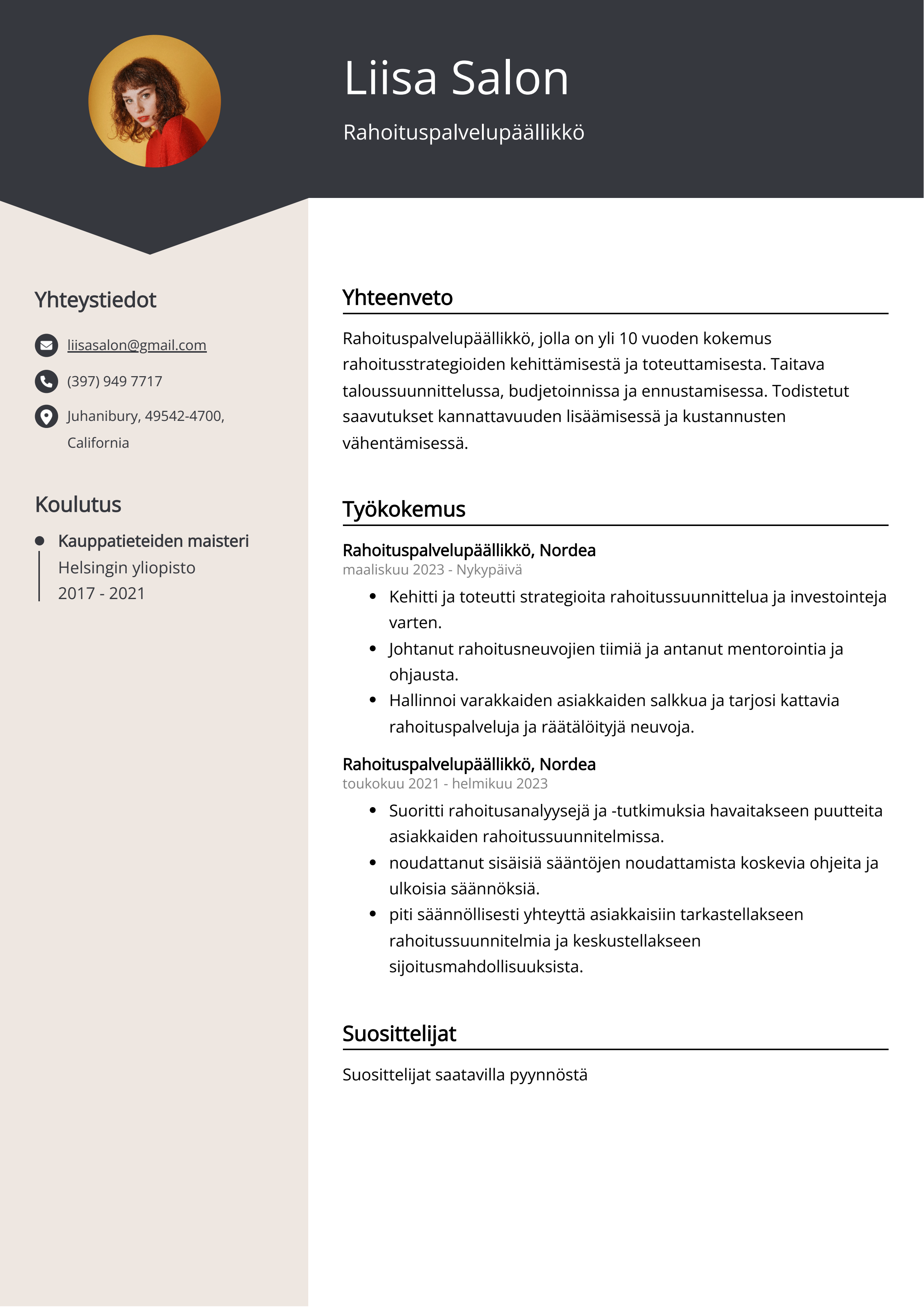 Rahoituspalvelupäällikkö Resume Example