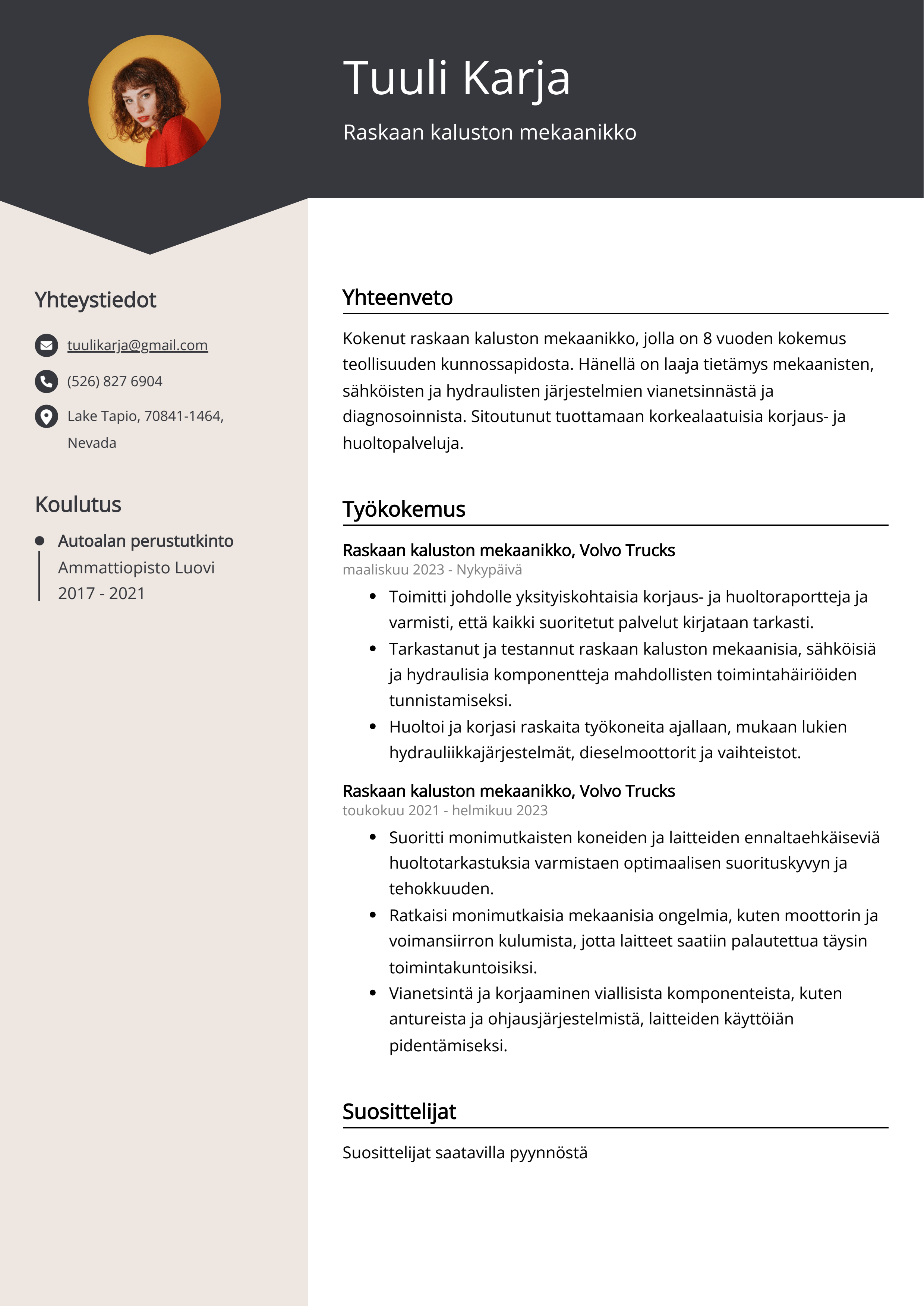 Raskaan kaluston mekaanikko Resume Example