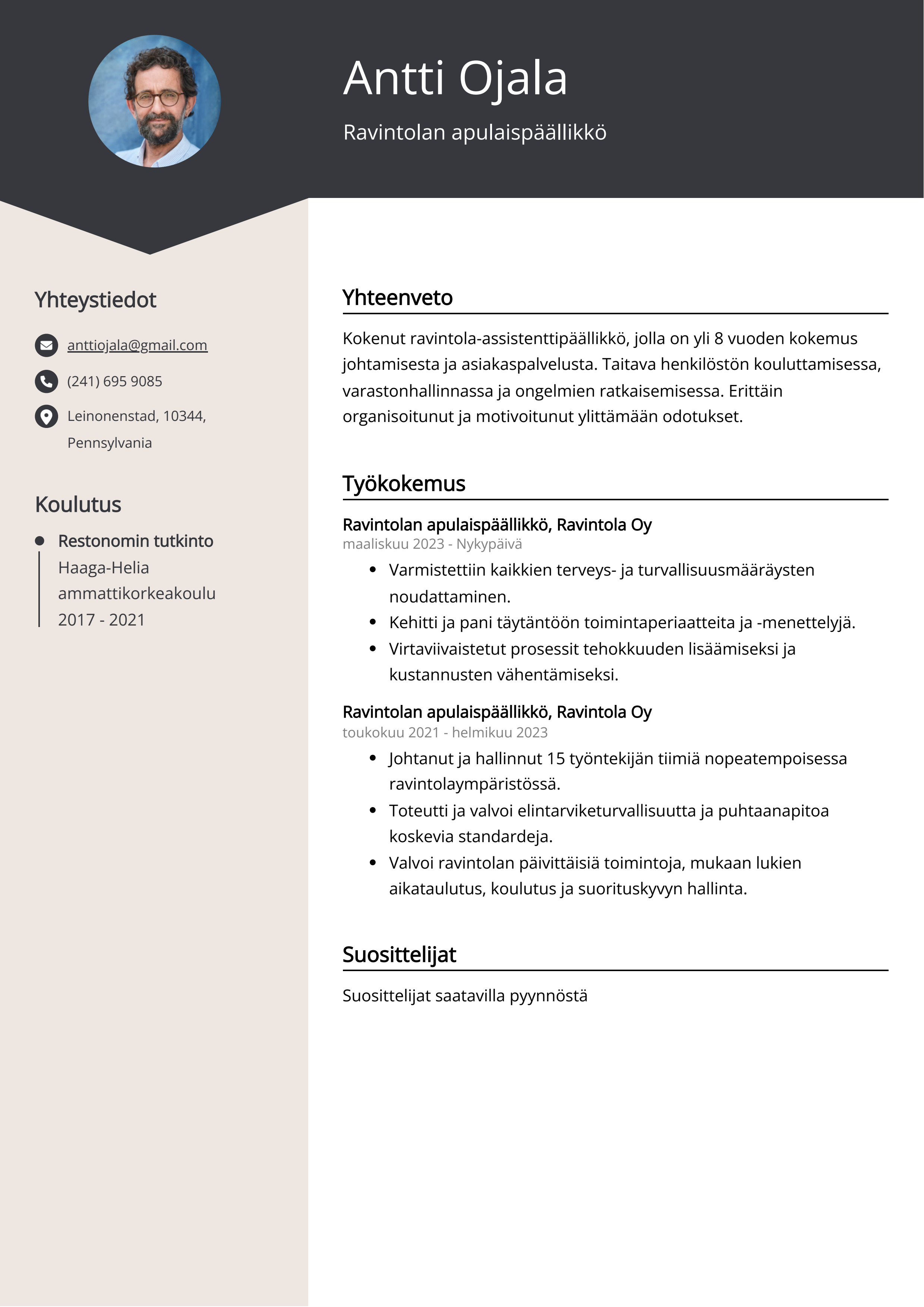 Ravintolan apulaispäällikkö Resume Example