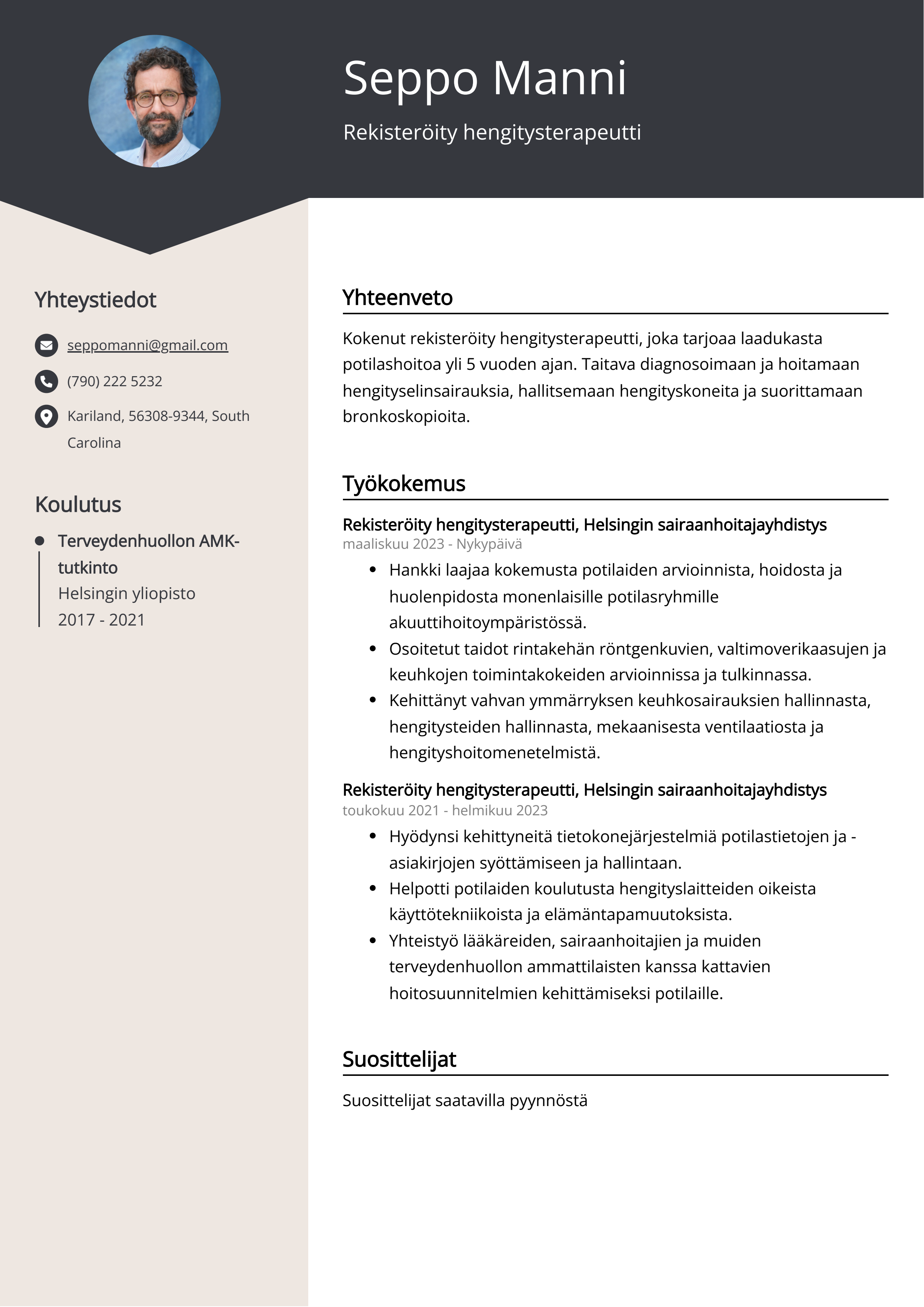 Rekisteröity hengitysterapeutti Resume Example