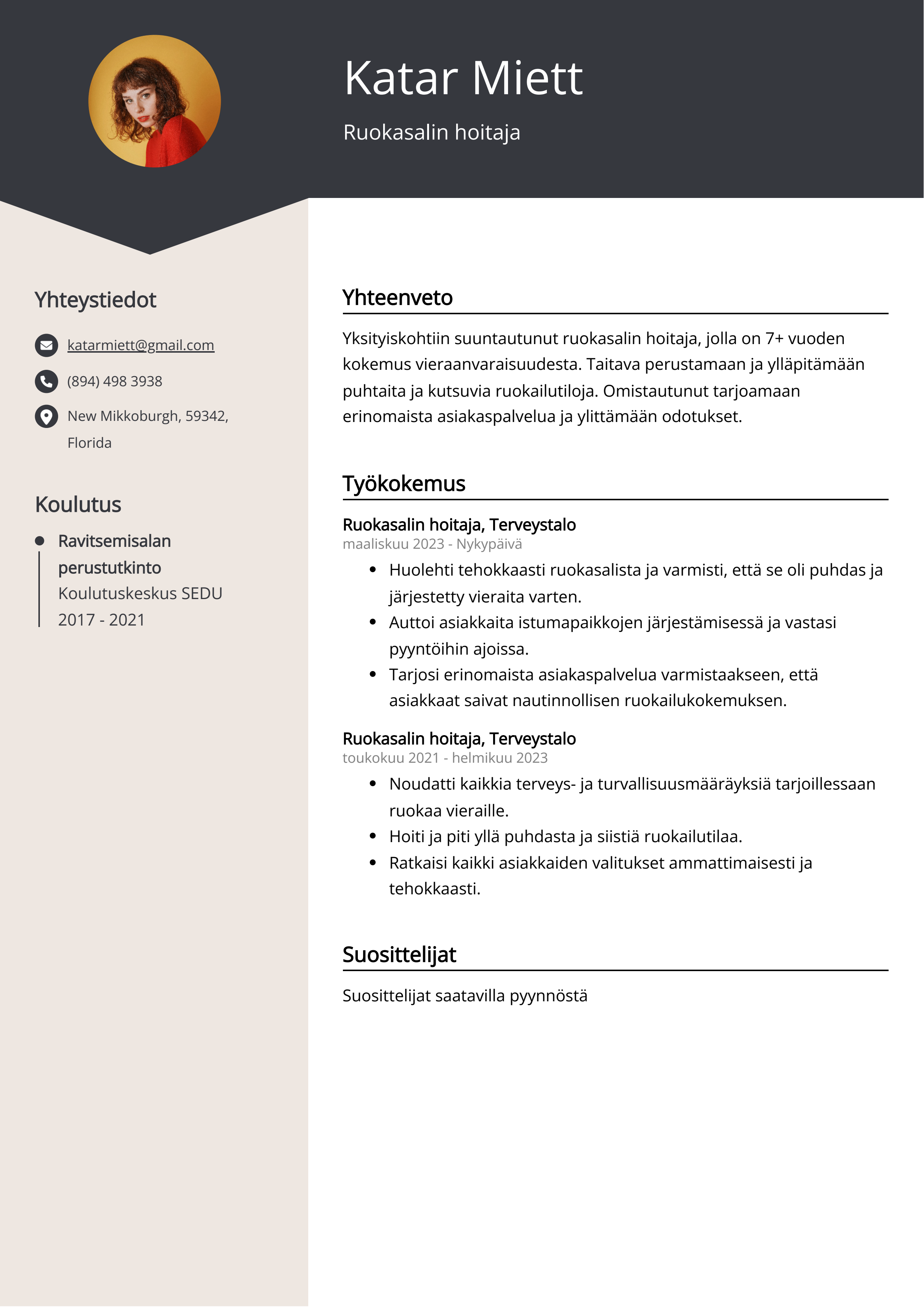 Ruokasalin hoitaja Resume Example