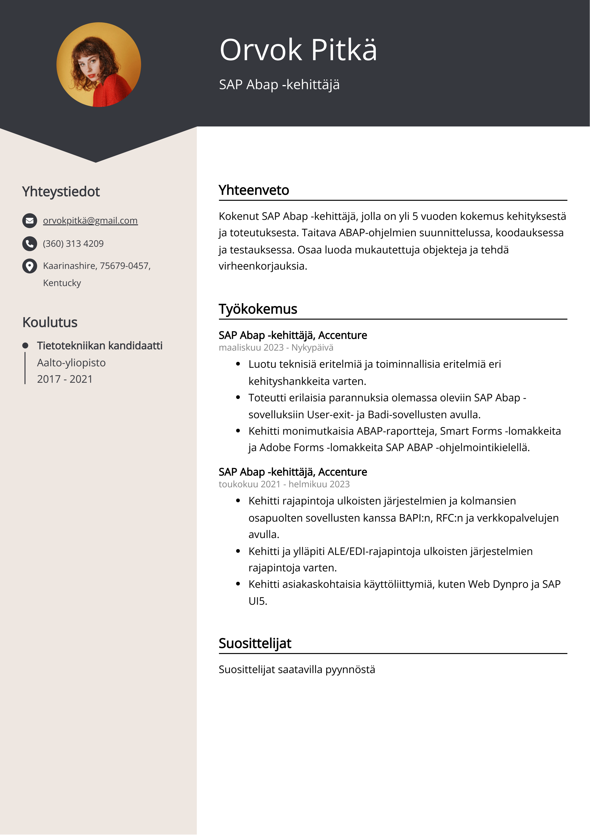SAP Abap -kehittäjä Resume Example