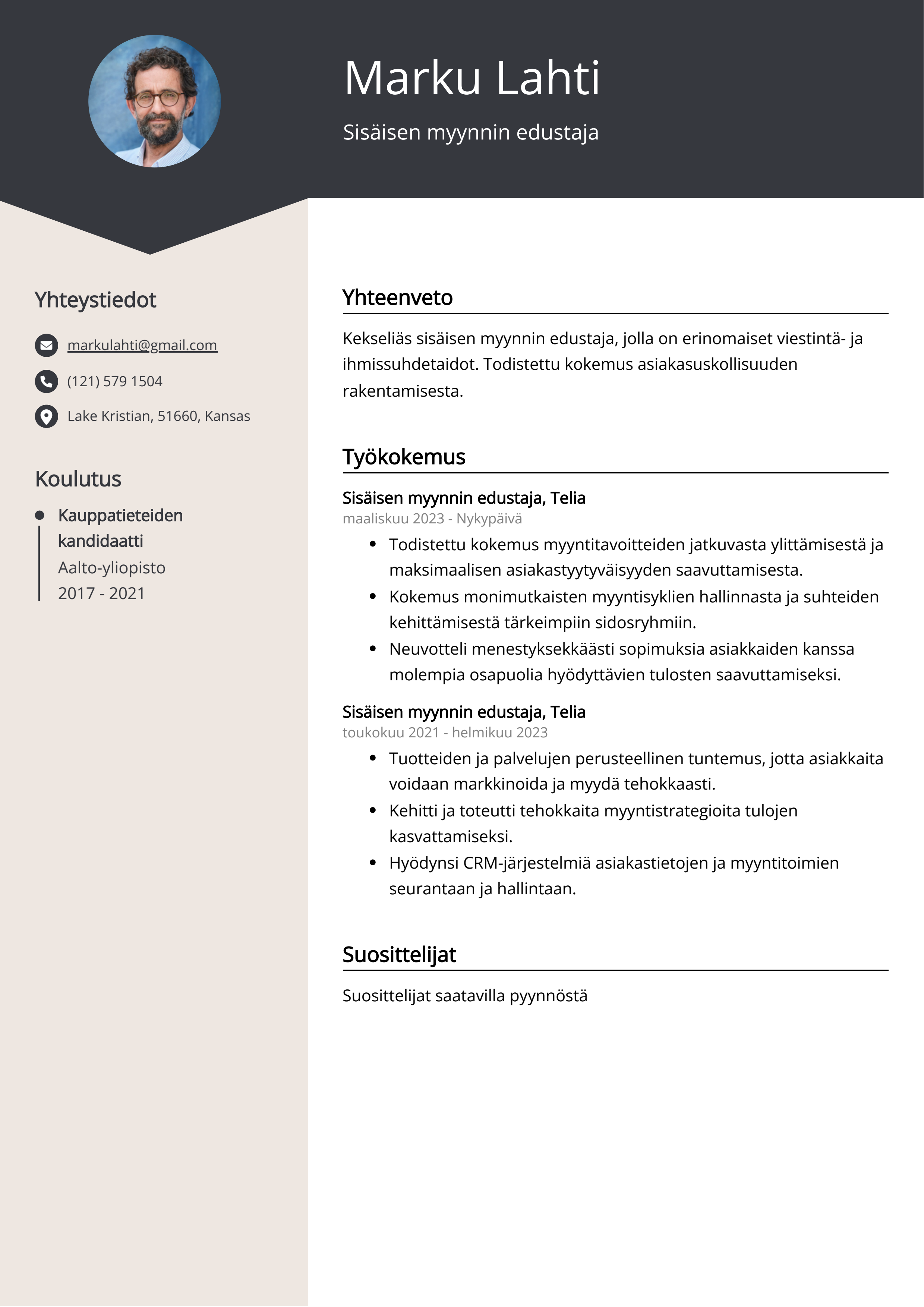 Sisäisen myynnin edustaja Resume Example