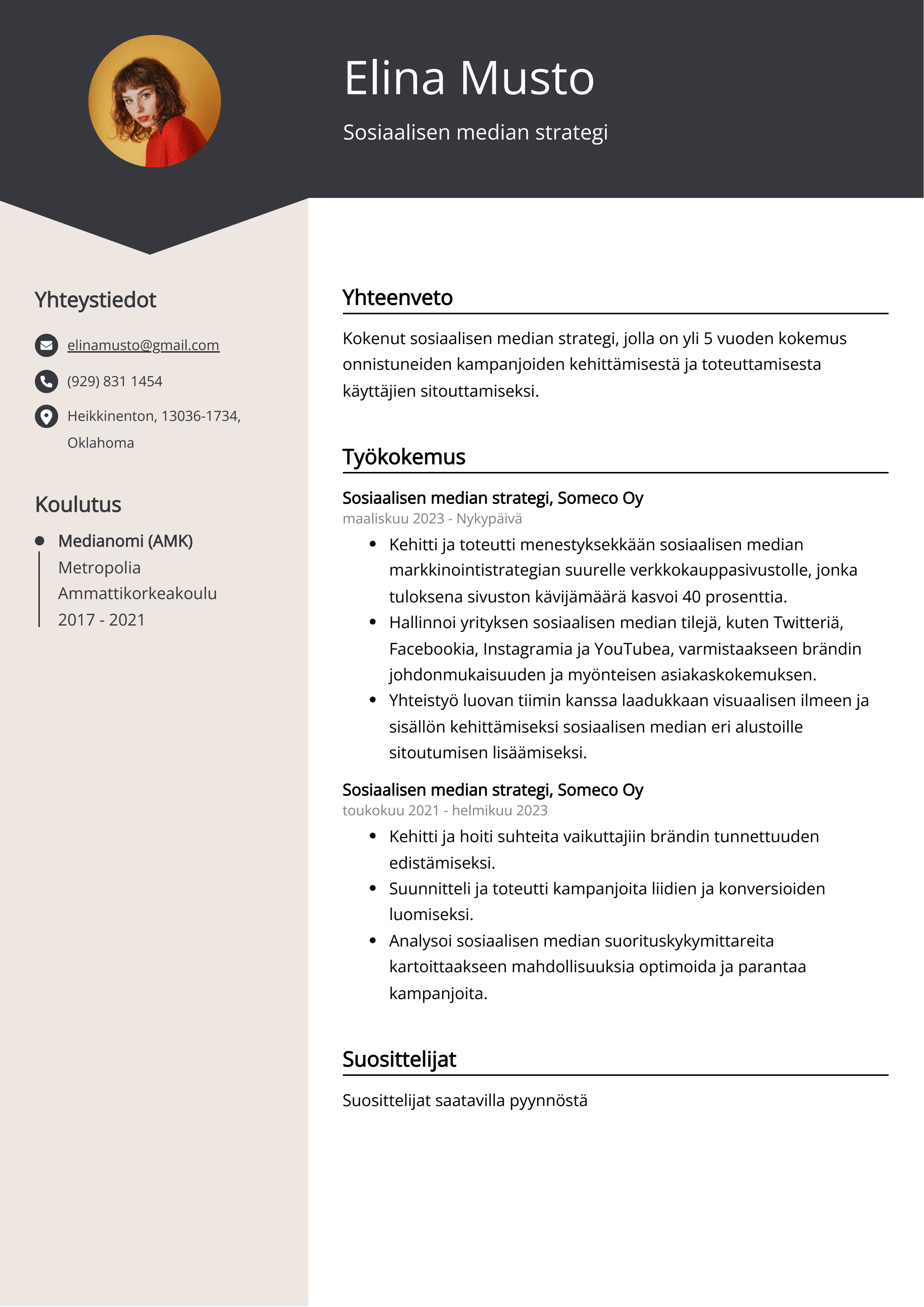 Sosiaalisen median strategi Resume Example