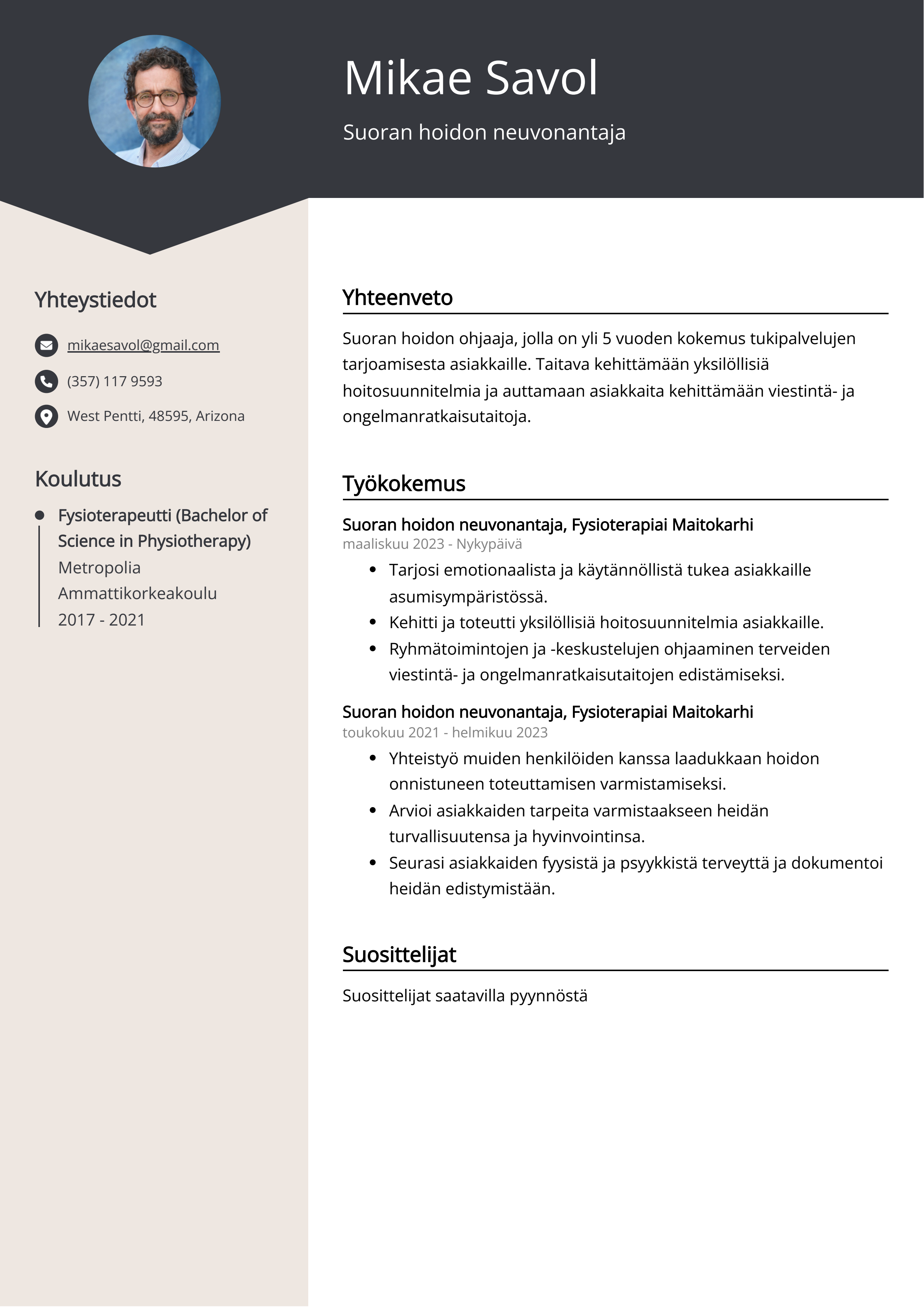 Suoran hoidon neuvonantaja Resume Example