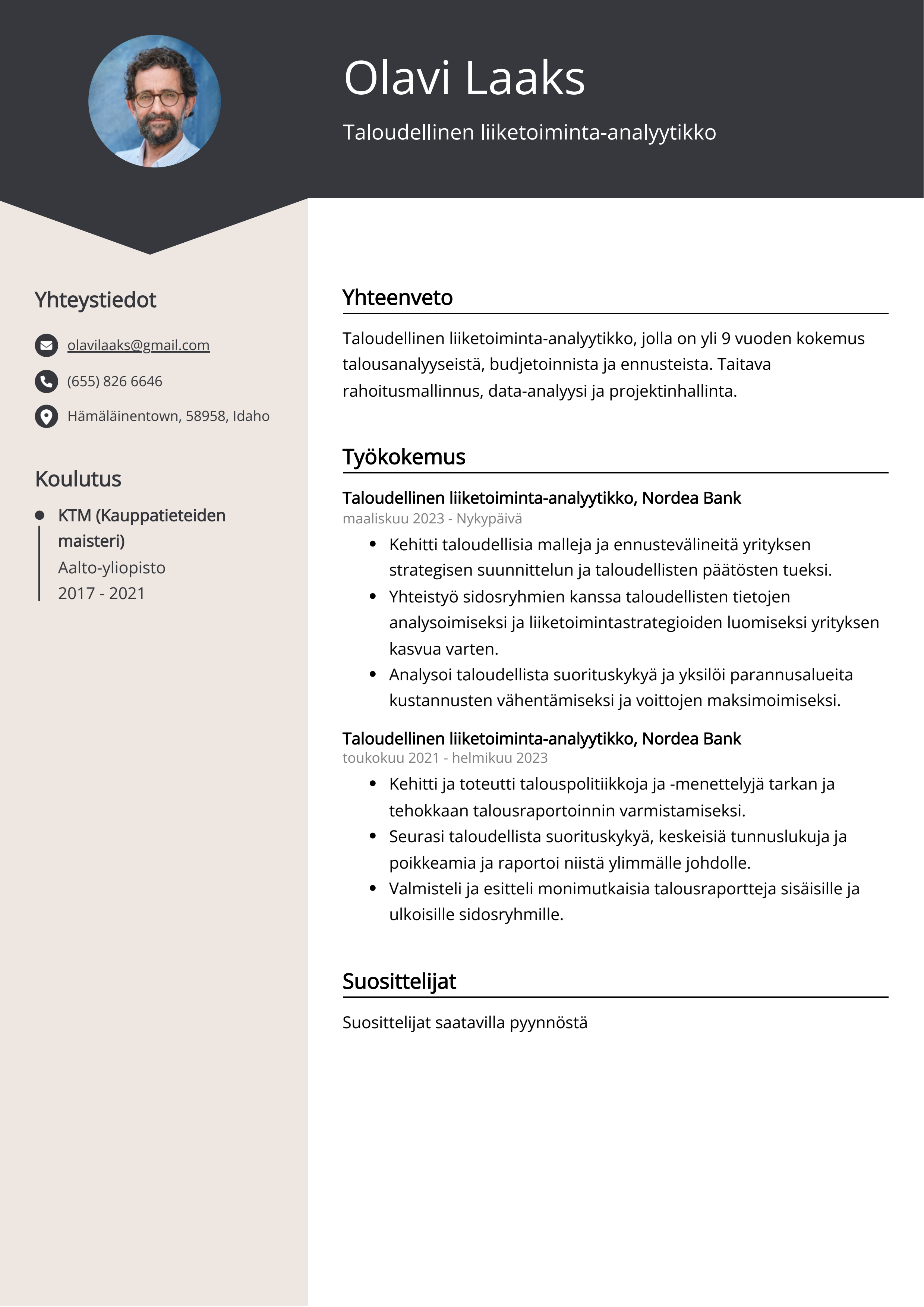 Taloudellinen liiketoiminta-analyytikko Resume Example