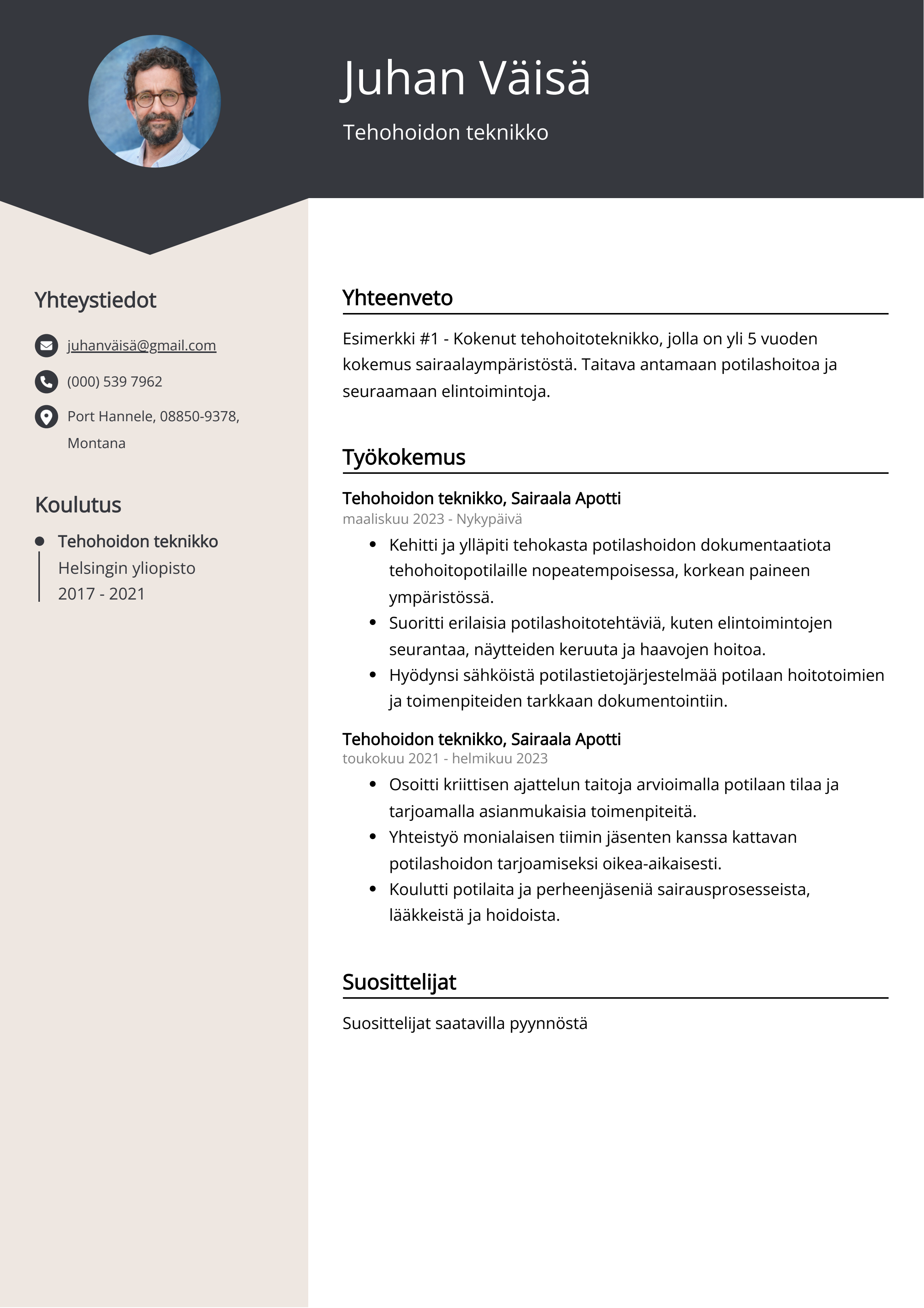 Tehohoidon teknikko Resume Example