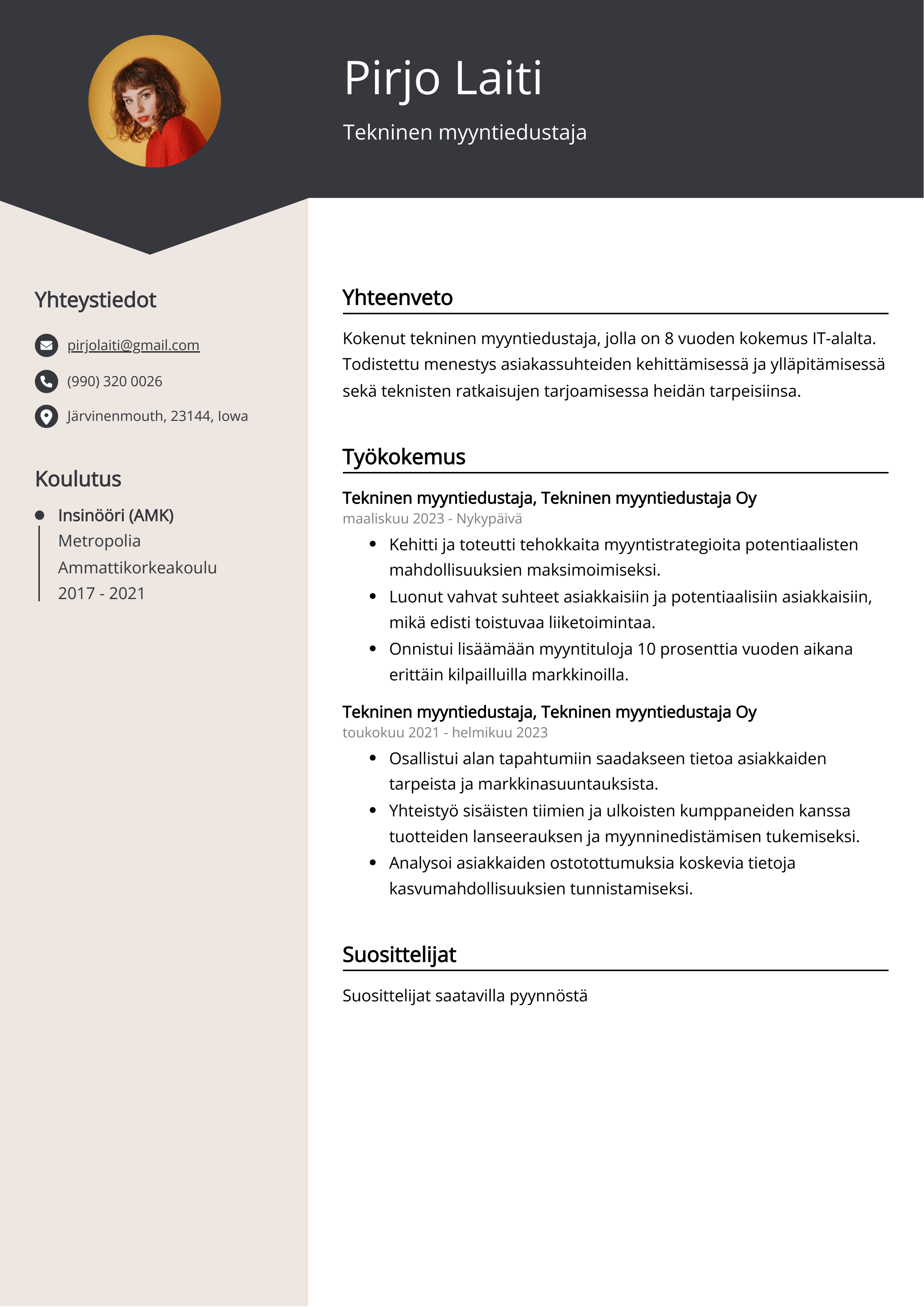 Tekninen myyntiedustaja Resume Example