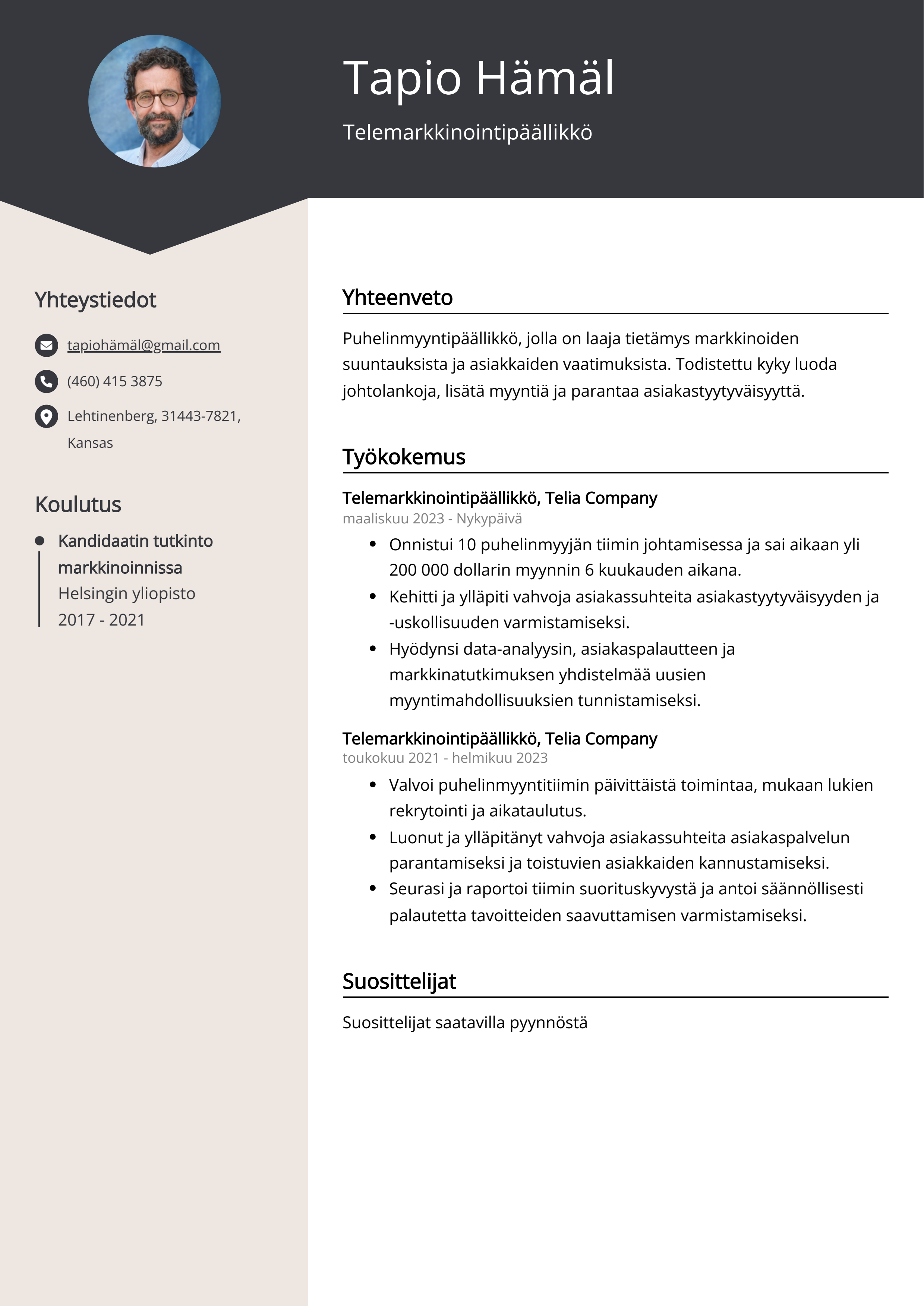 Telemarkkinointipäällikkö Resume Example