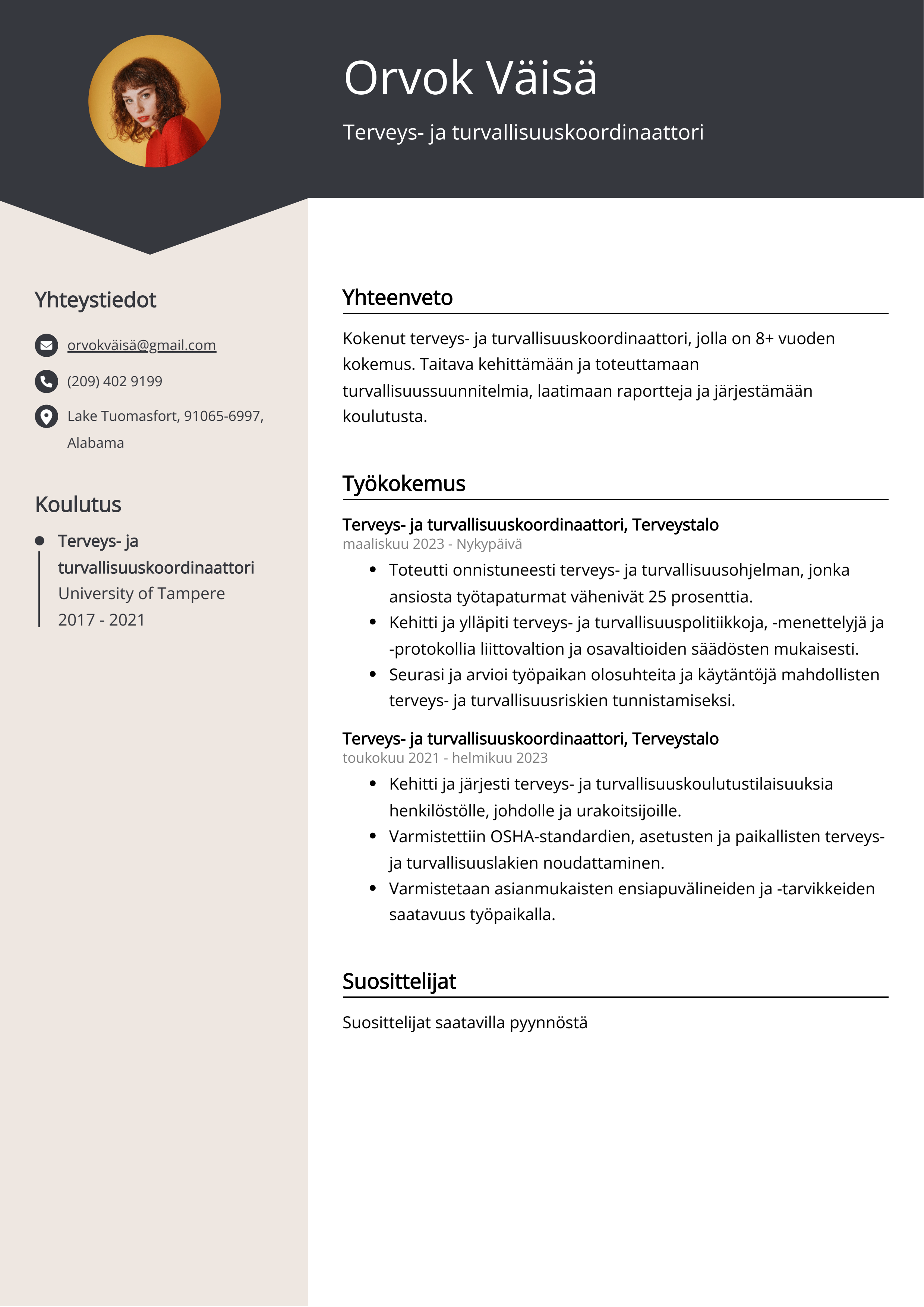 Terveys- ja turvallisuuskoordinaattori Resume Example