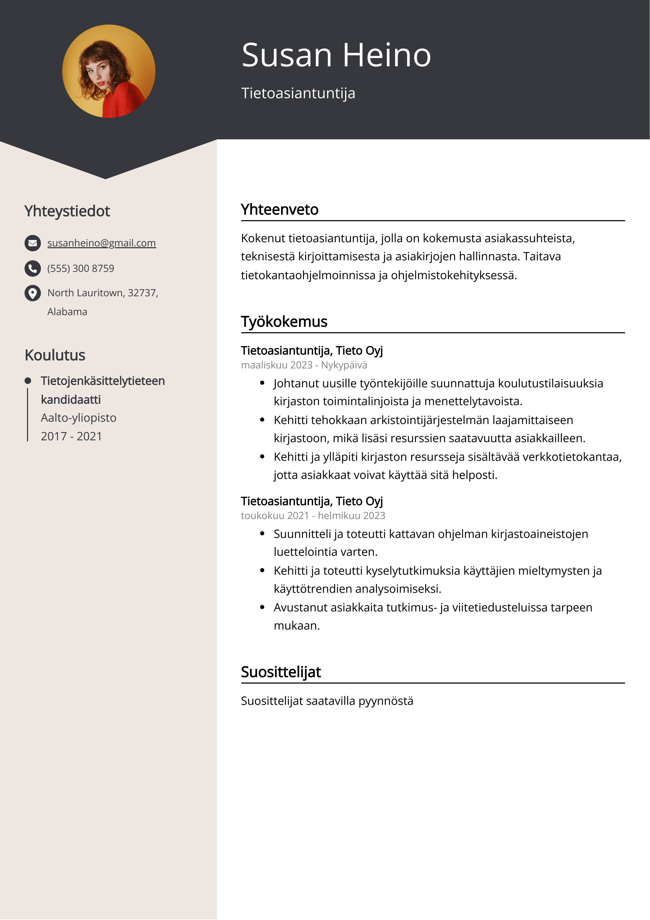 Tietoasiantuntija Resume Example