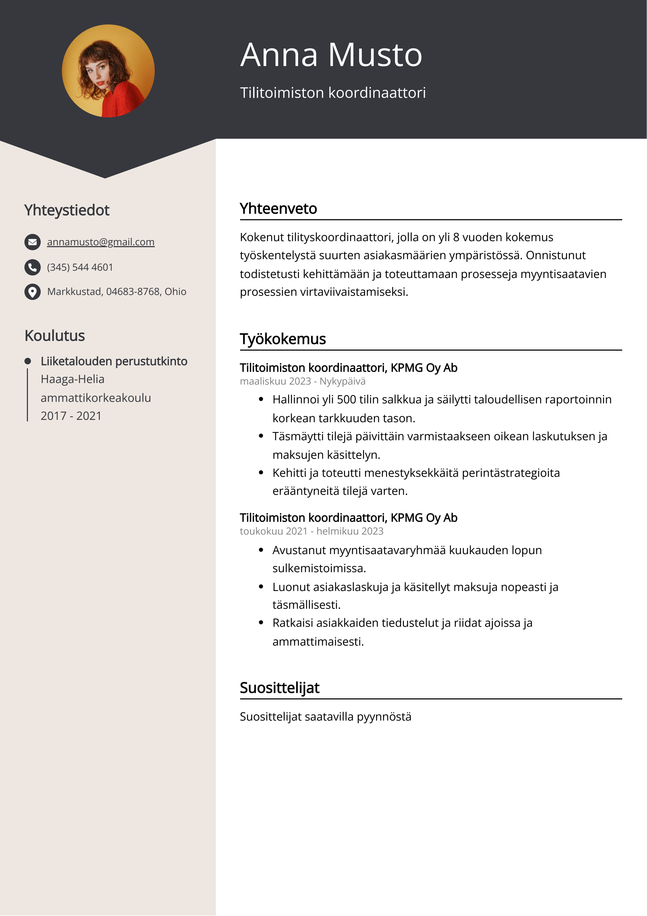 Tilitoimiston koordinaattori Resume Example