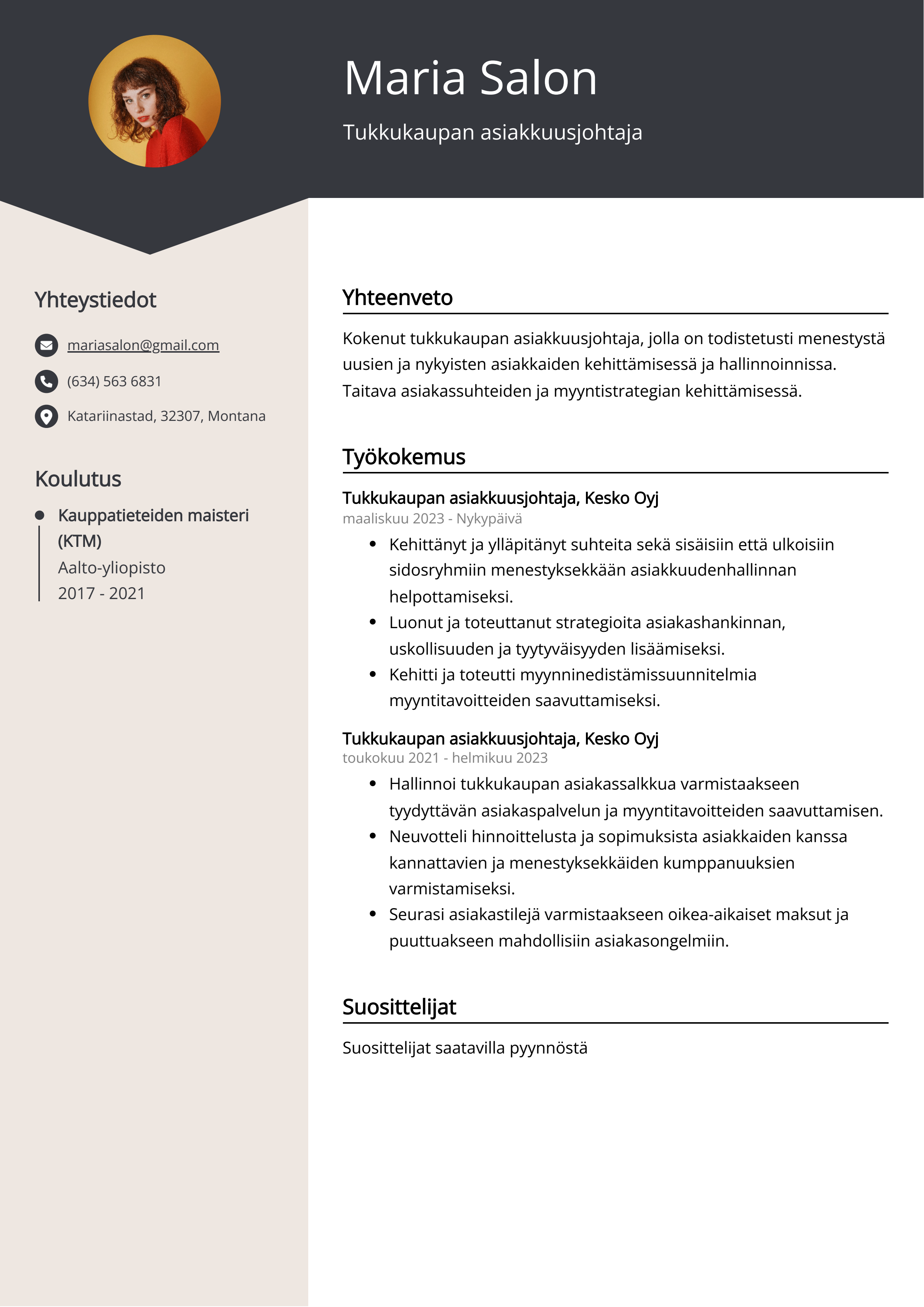 Tukkukaupan asiakkuusjohtaja Resume Example