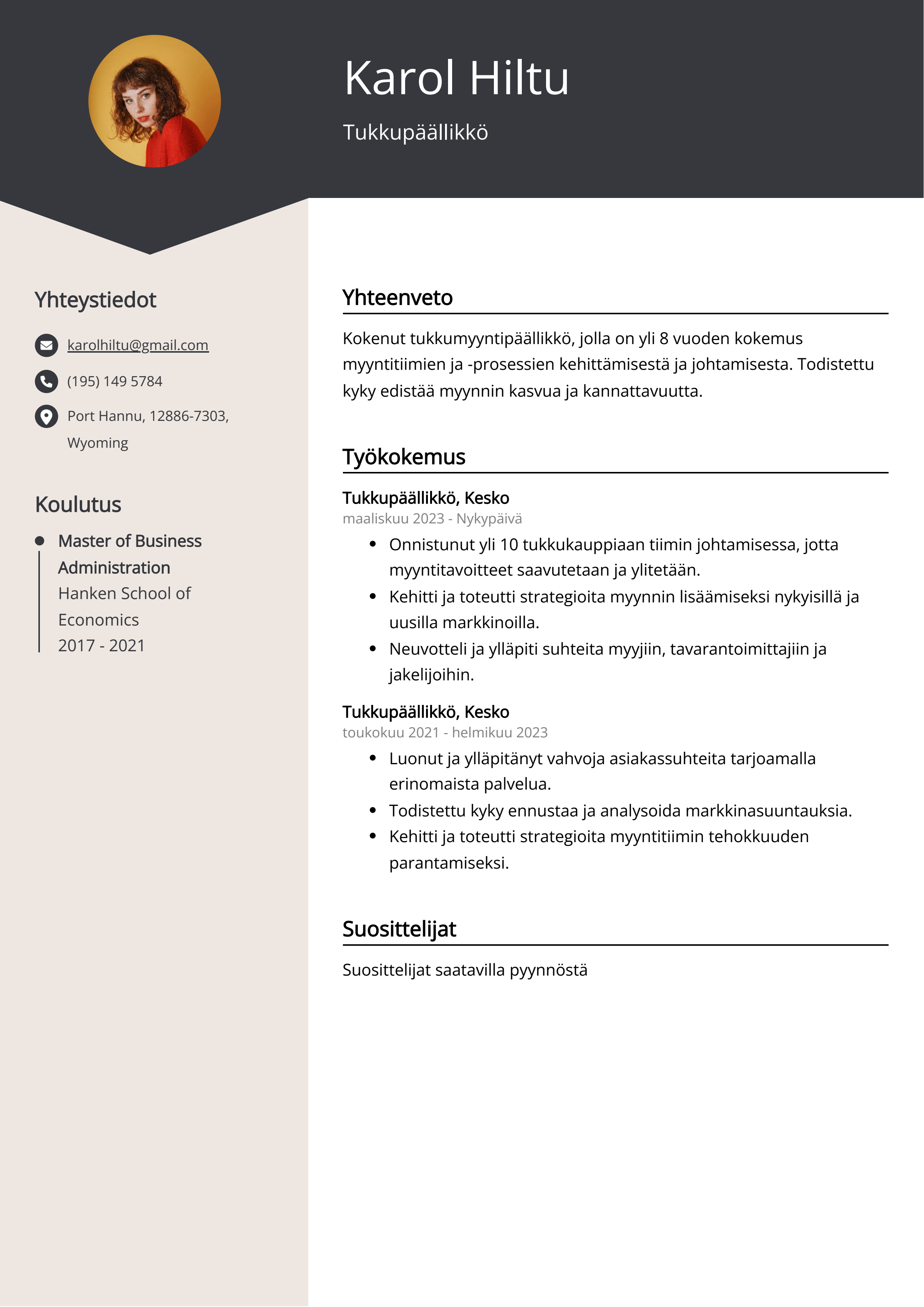 Tukkupäällikkö Resume Example