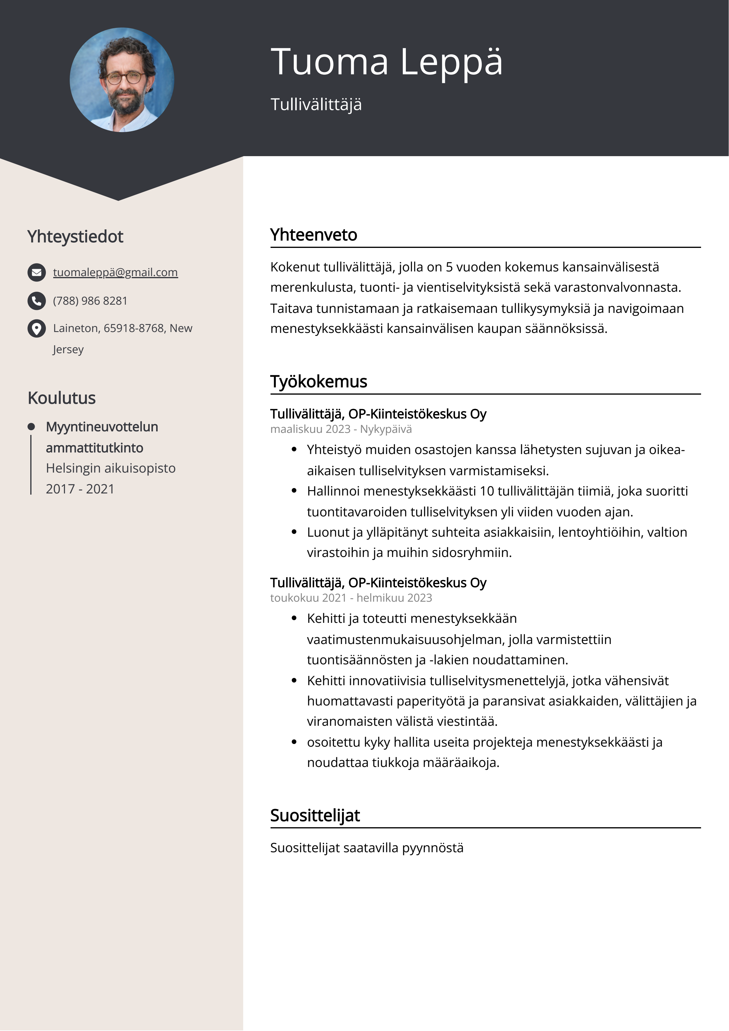 Tullivälittäjä Resume Example