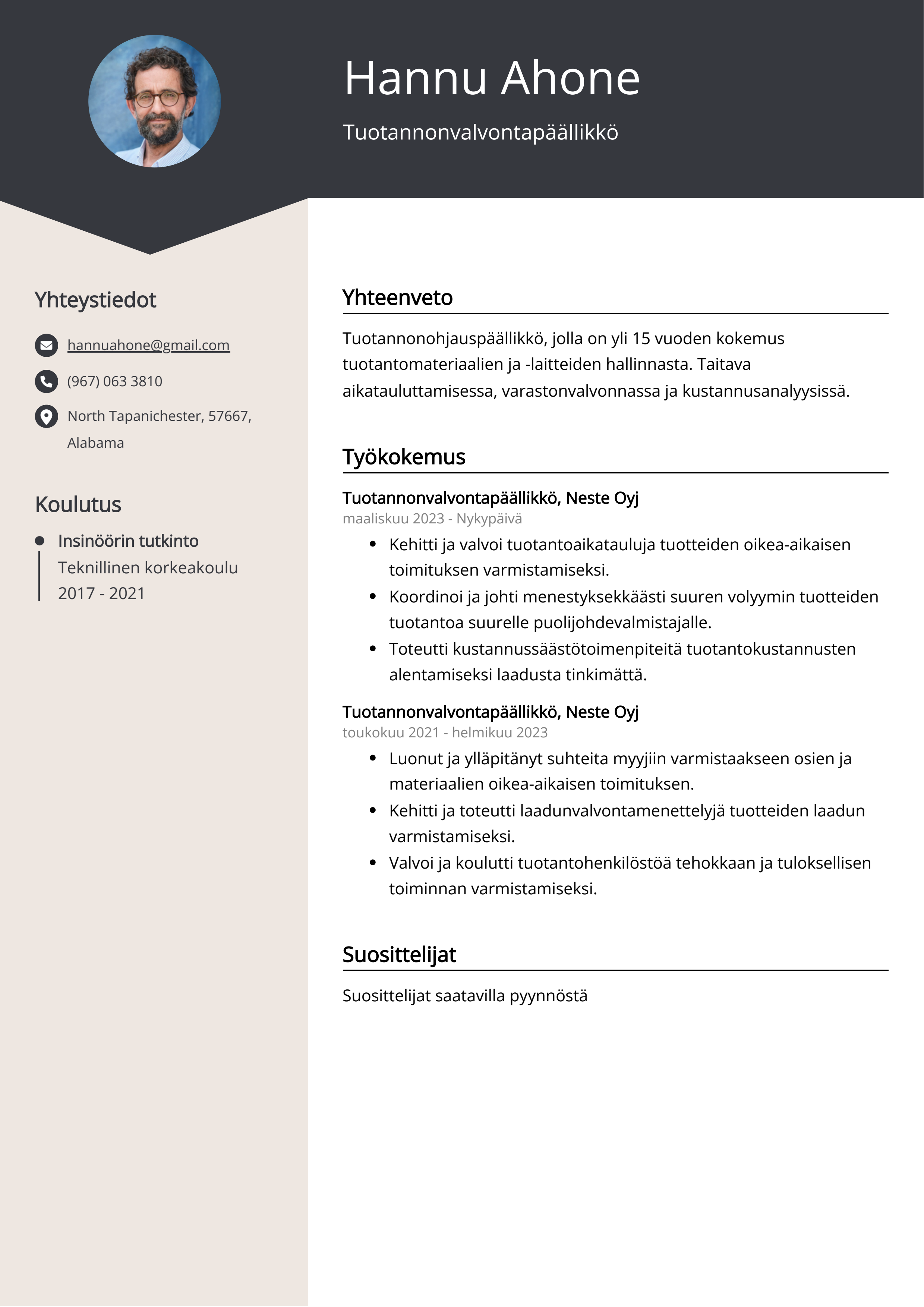 Tuotannonvalvontapäällikkö Resume Example