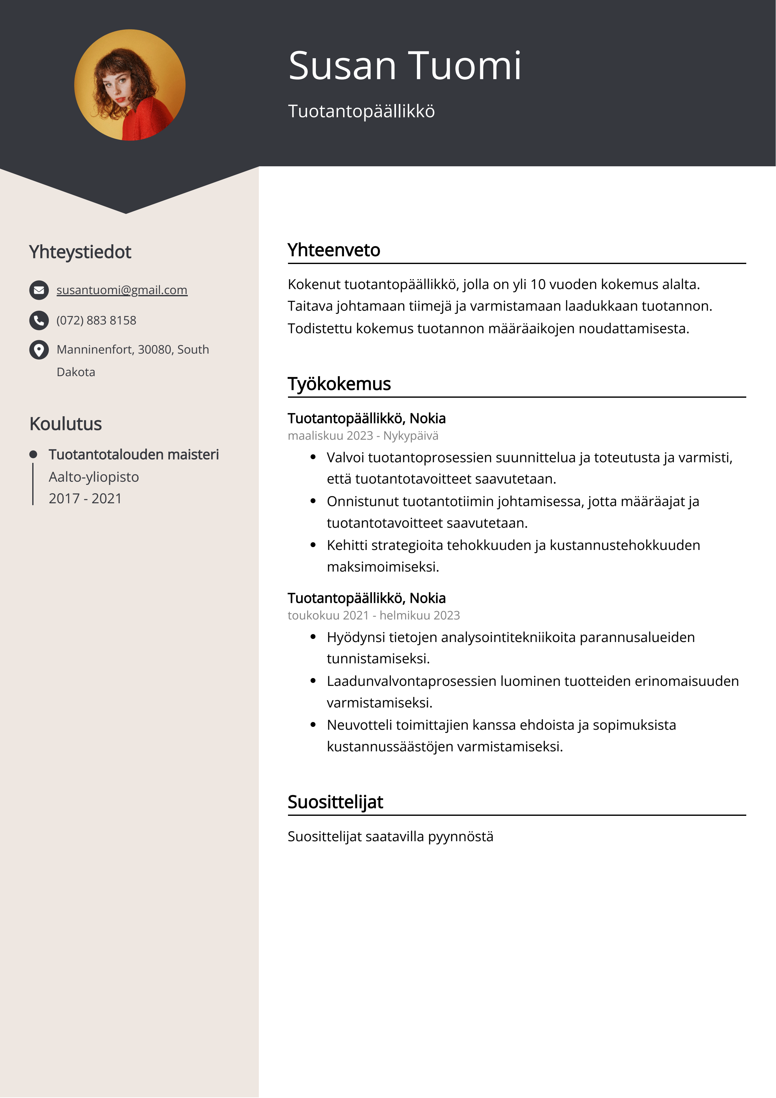 Tuotantopäällikkö Resume Example