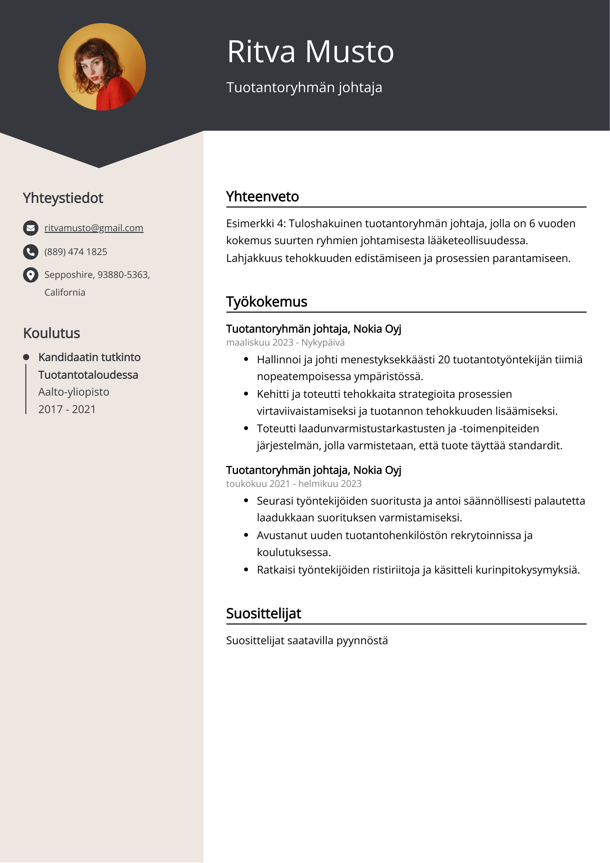 Tuotantoryhmän johtaja Resume Example