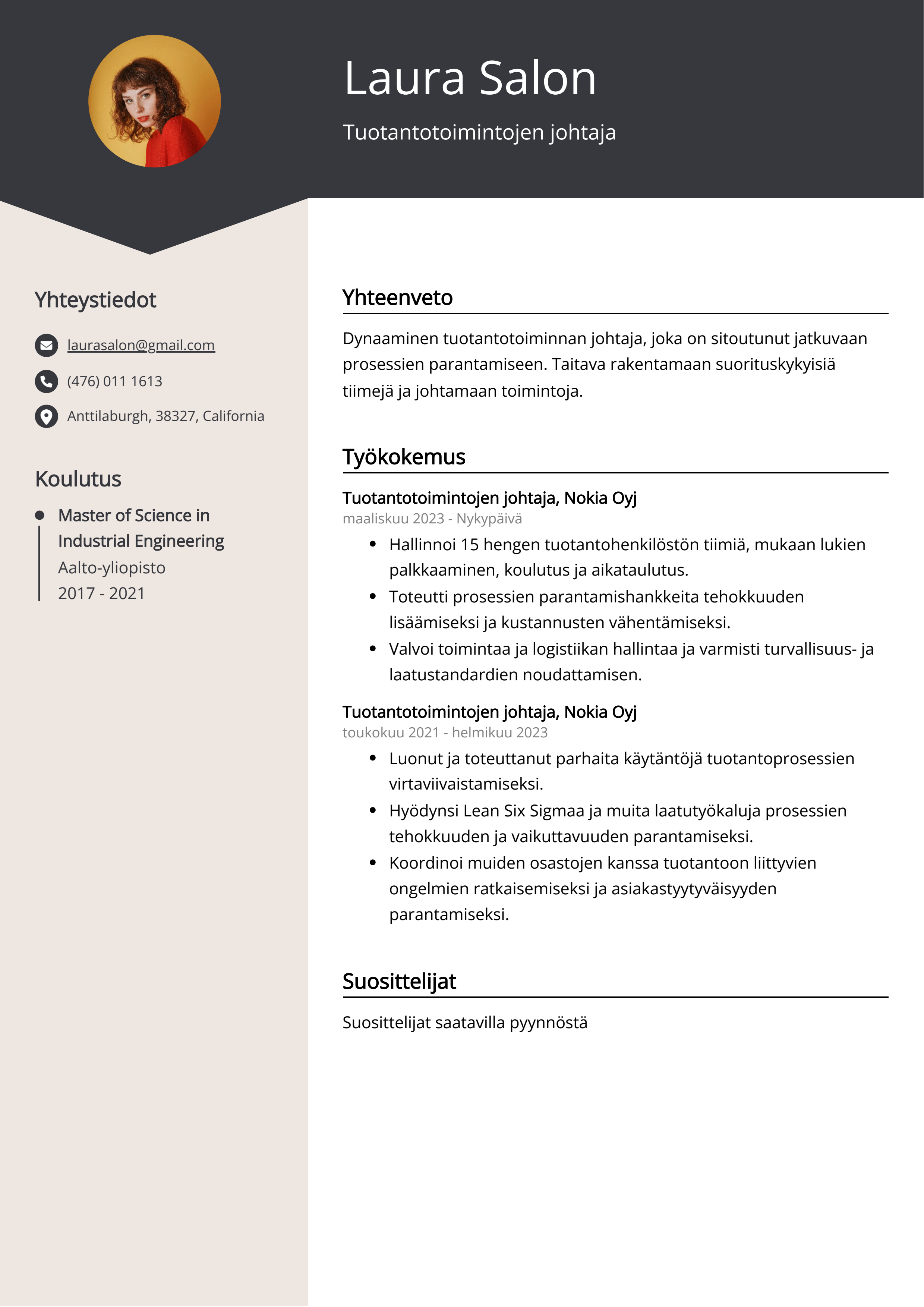 Tuotantotoimintojen johtaja Resume Example