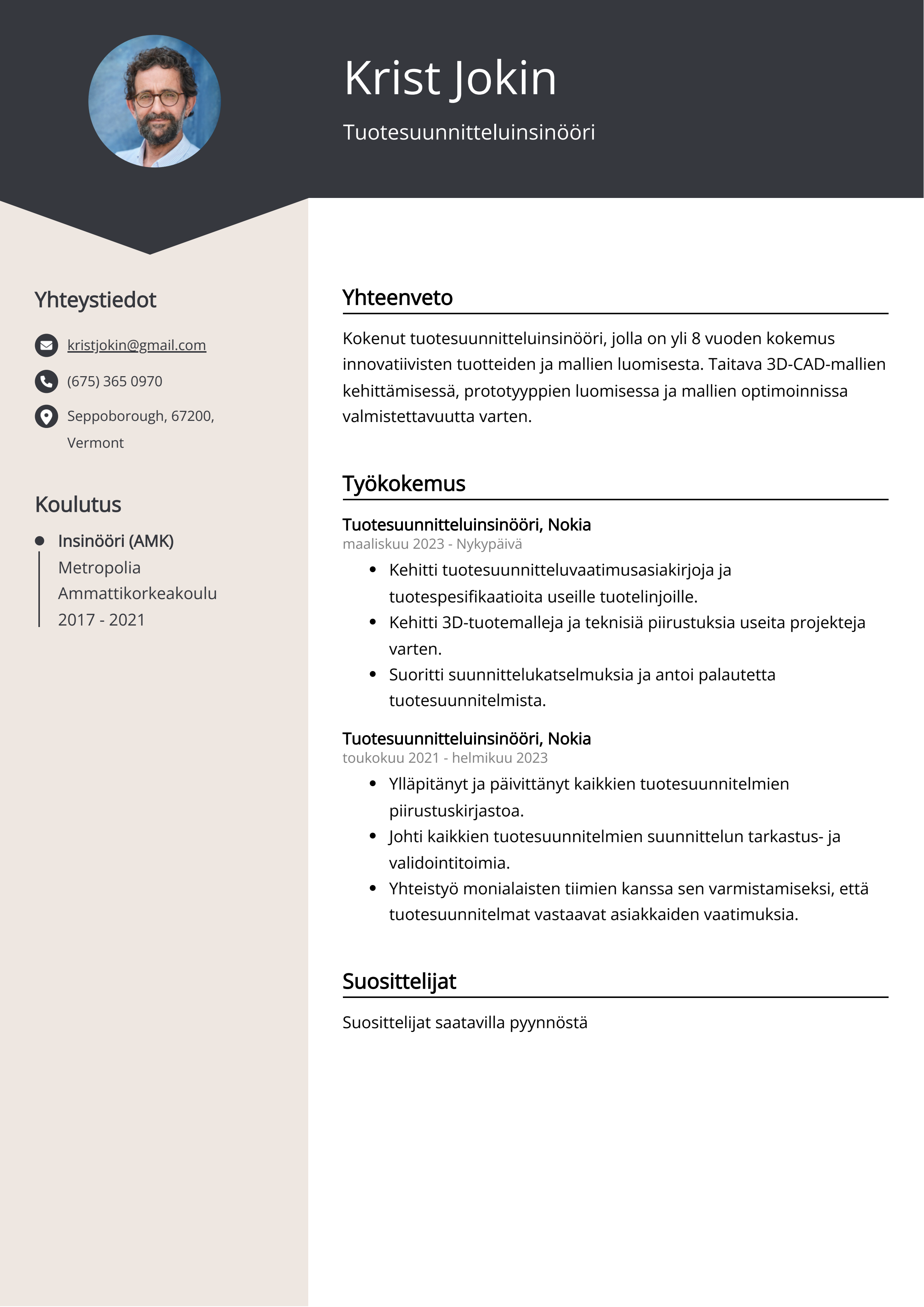 Tuotesuunnitteluinsinööri Resume Example