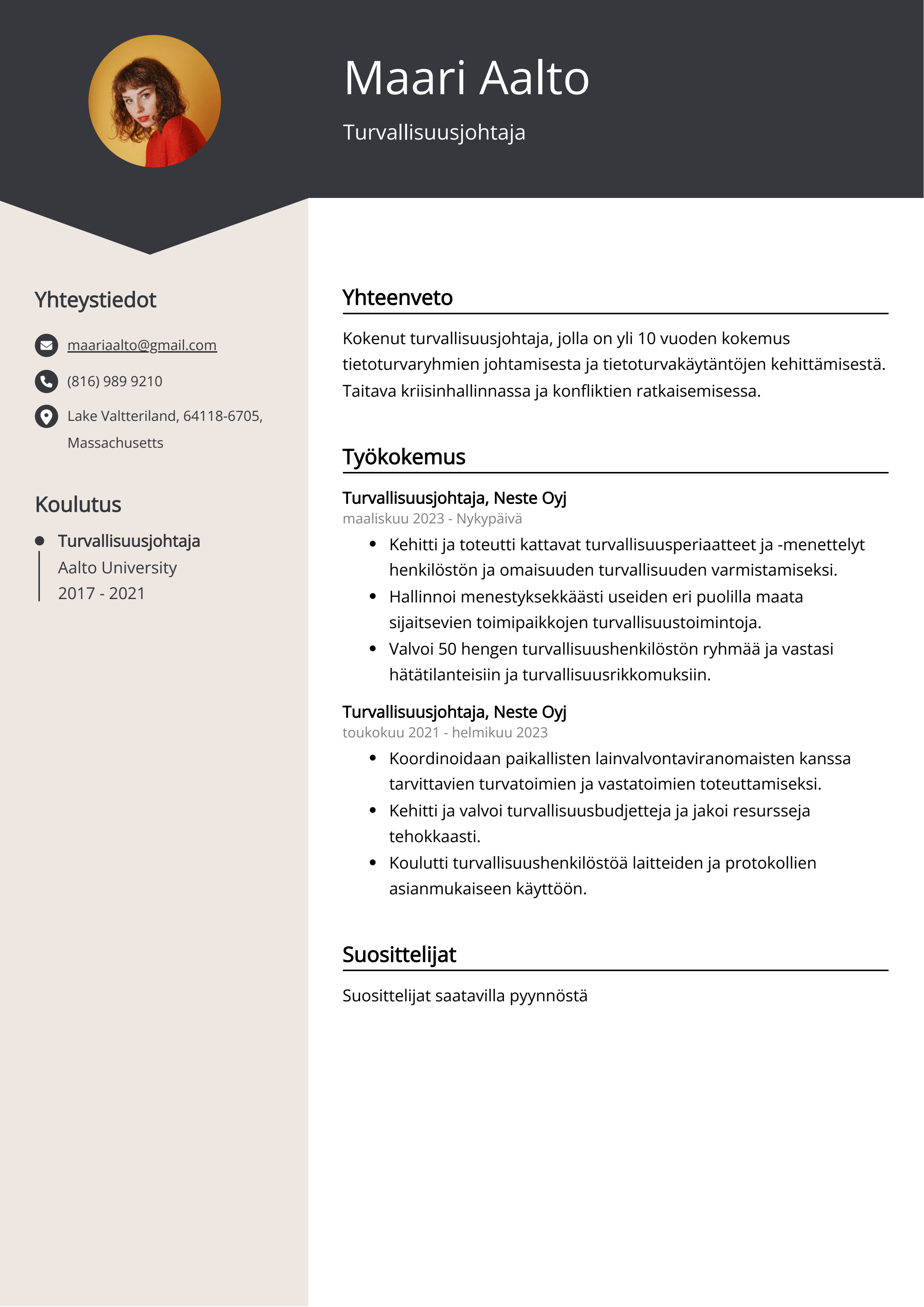 Turvallisuusjohtaja Resume Example