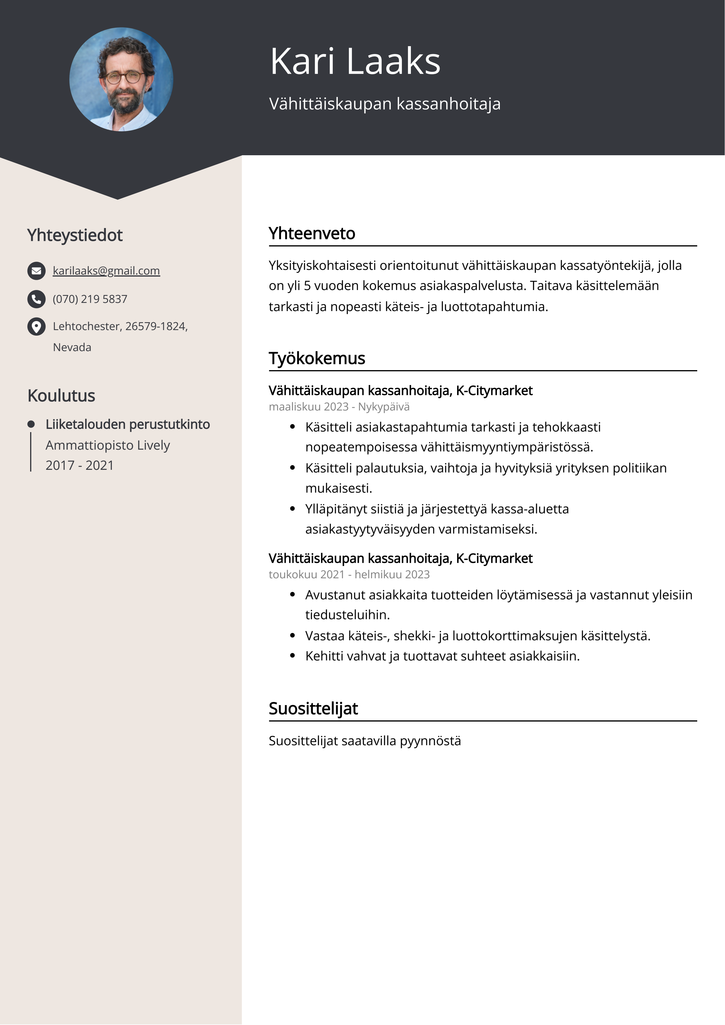 Vähittäiskaupan kassanhoitaja Resume Example