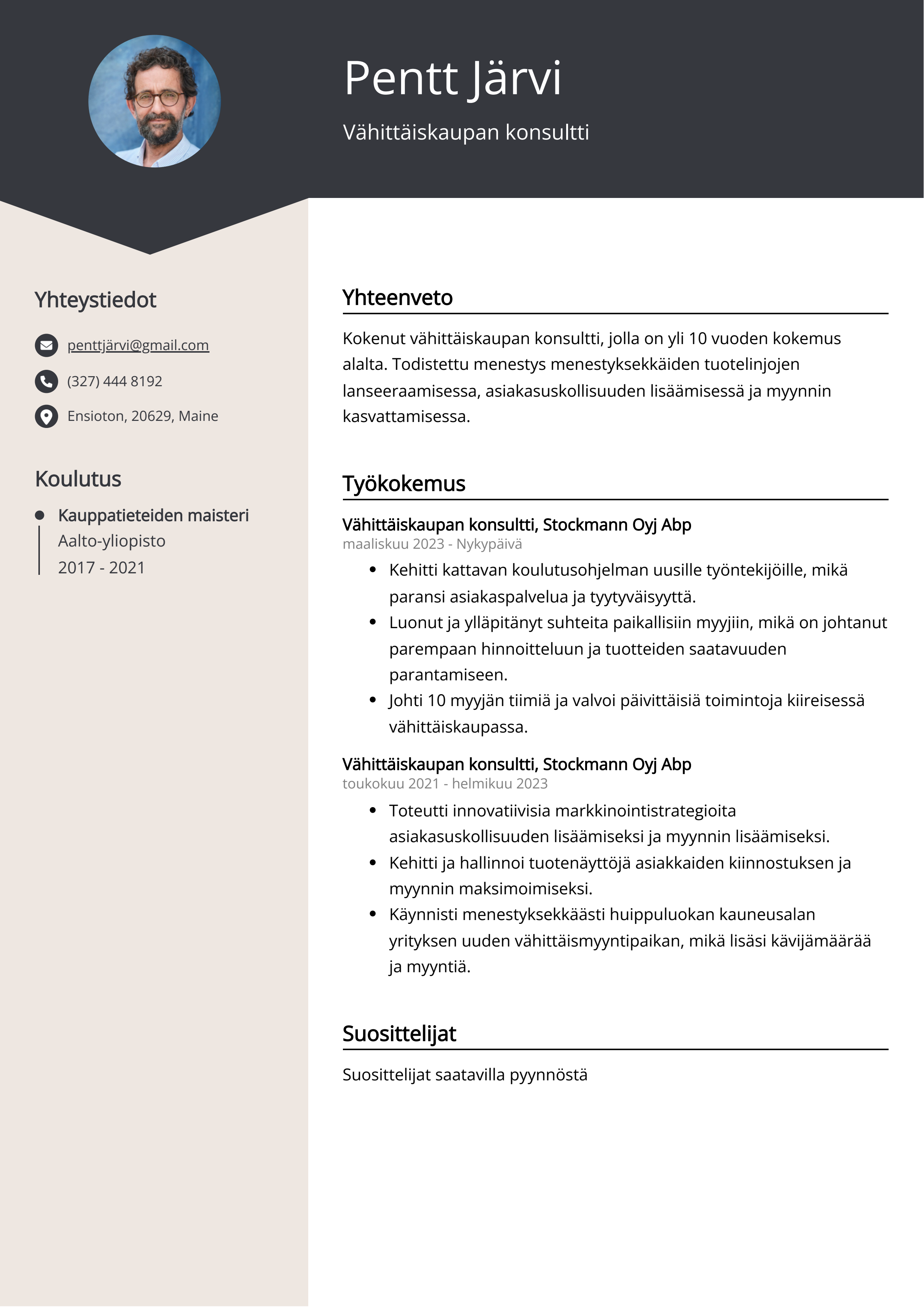 Vähittäiskaupan konsultti Resume Example