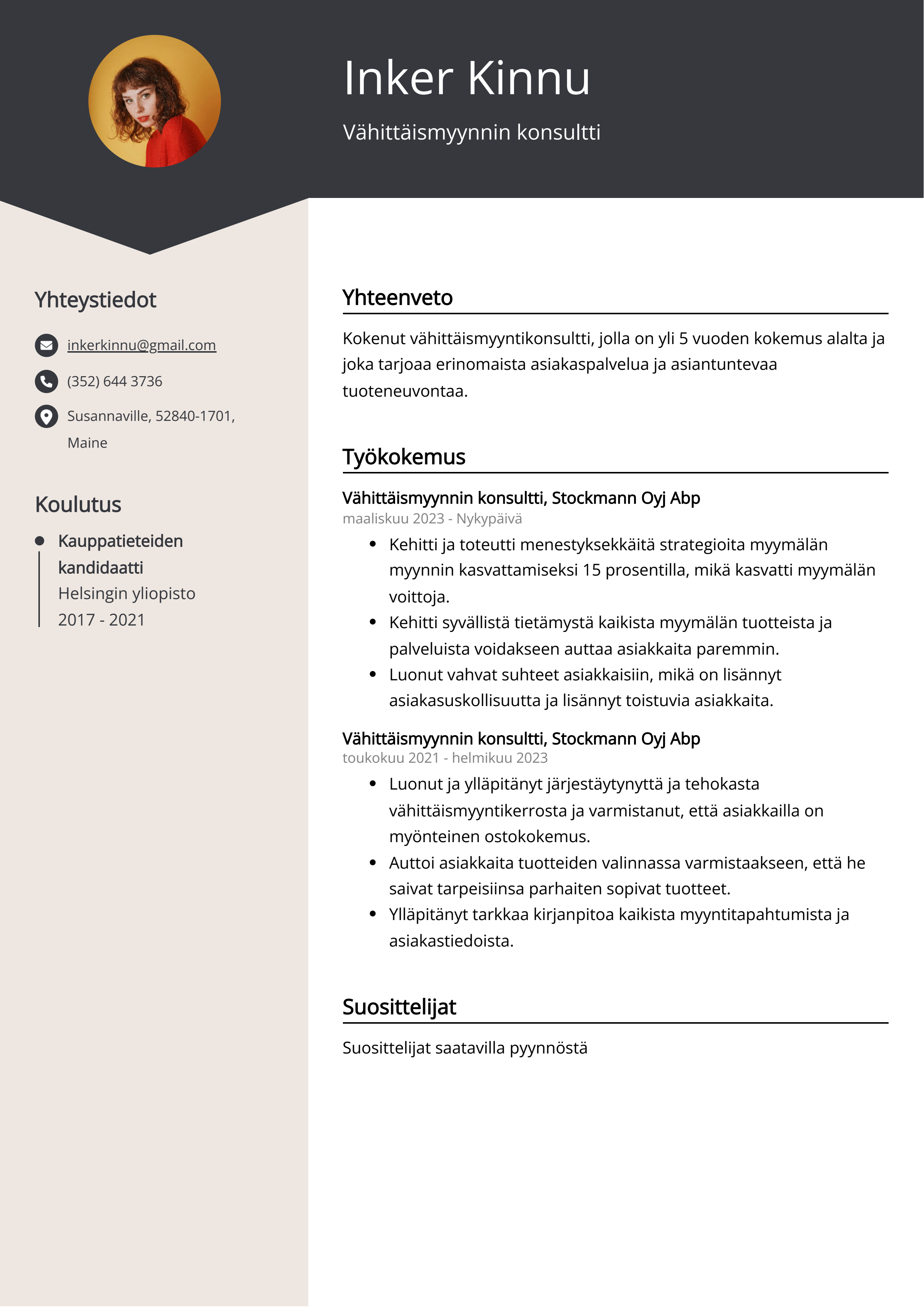 Vähittäismyynnin konsultti Resume Example