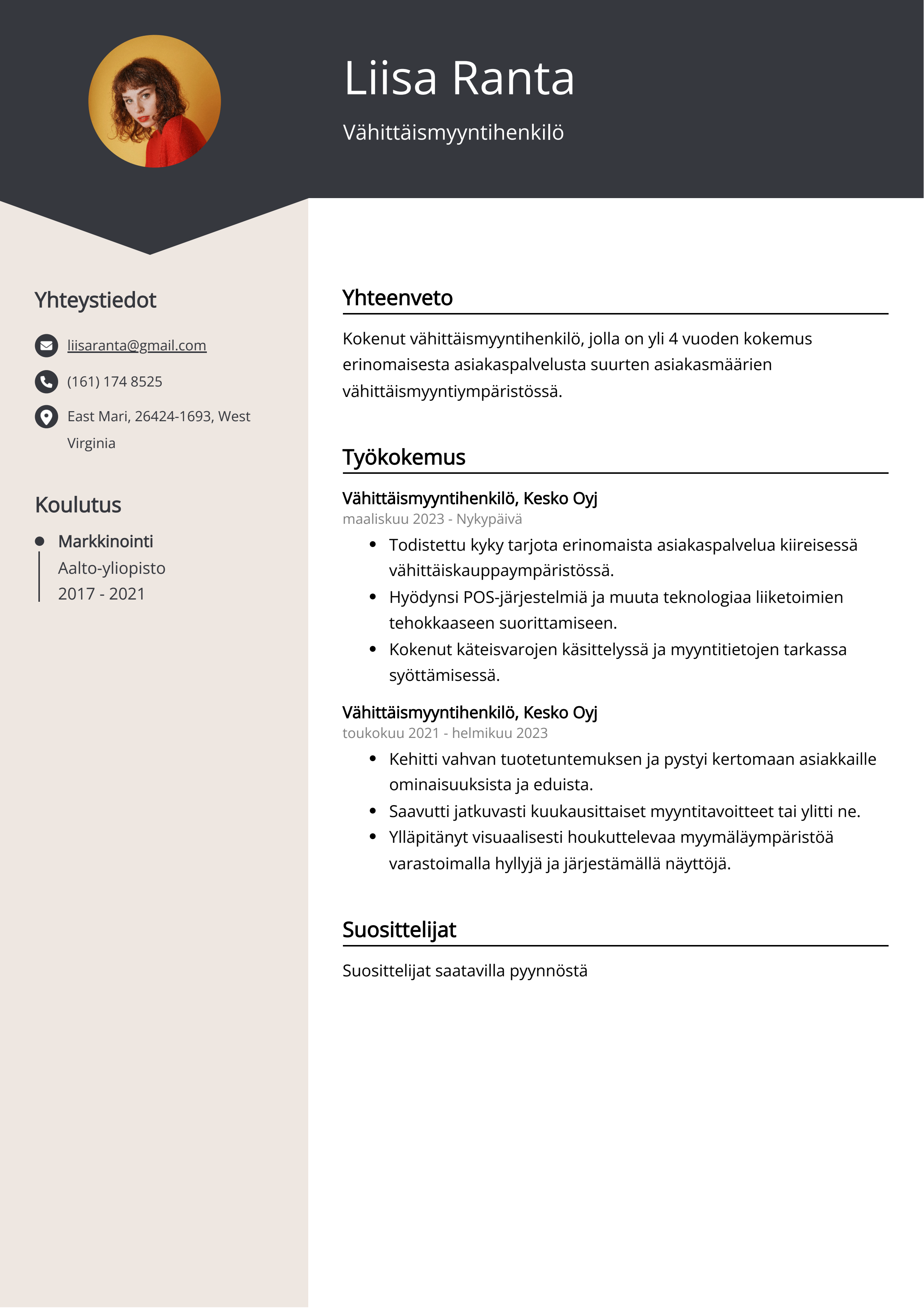 Vähittäismyyntihenkilö Resume Example