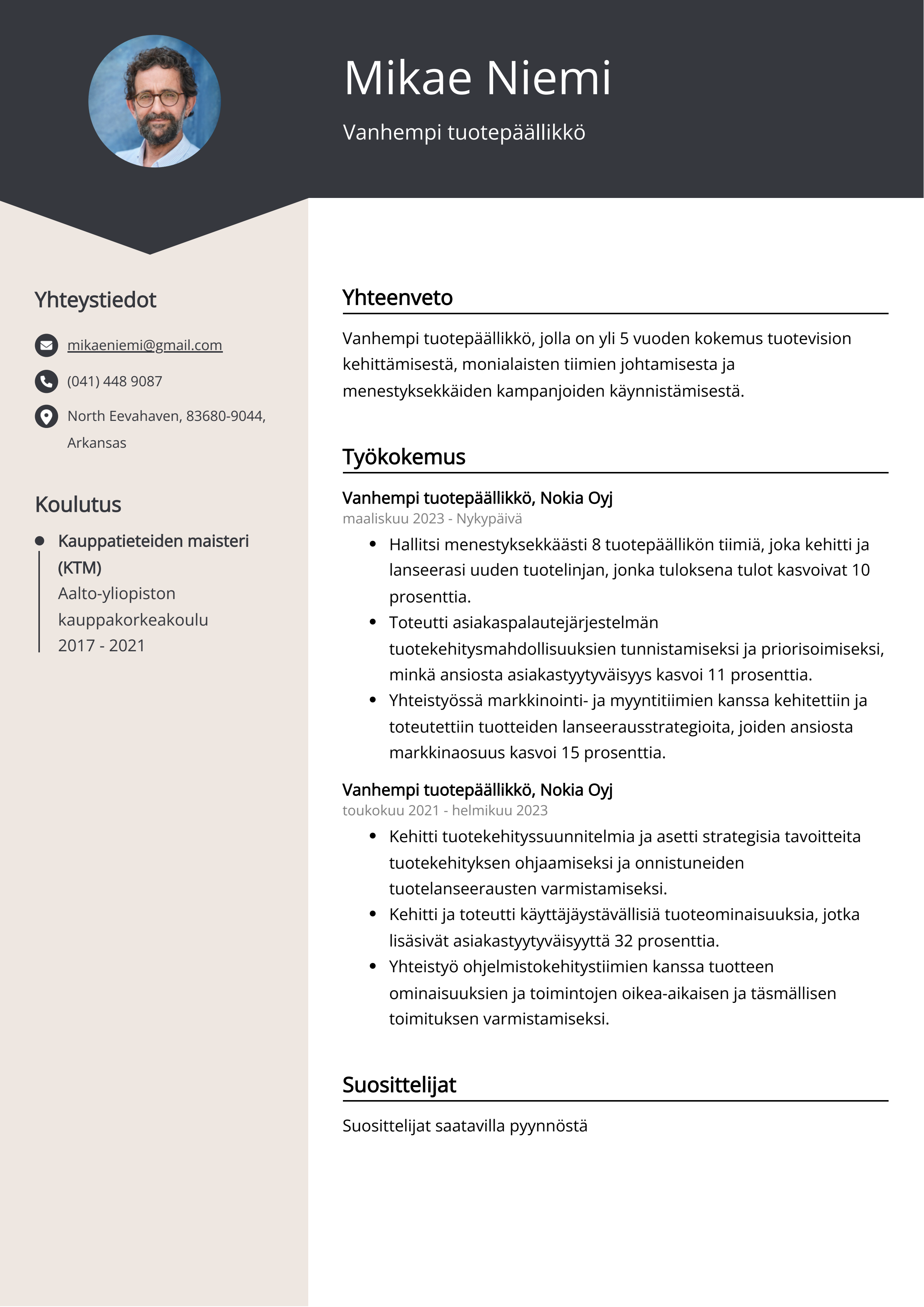 Vanhempi tuotepäällikkö Resume Example