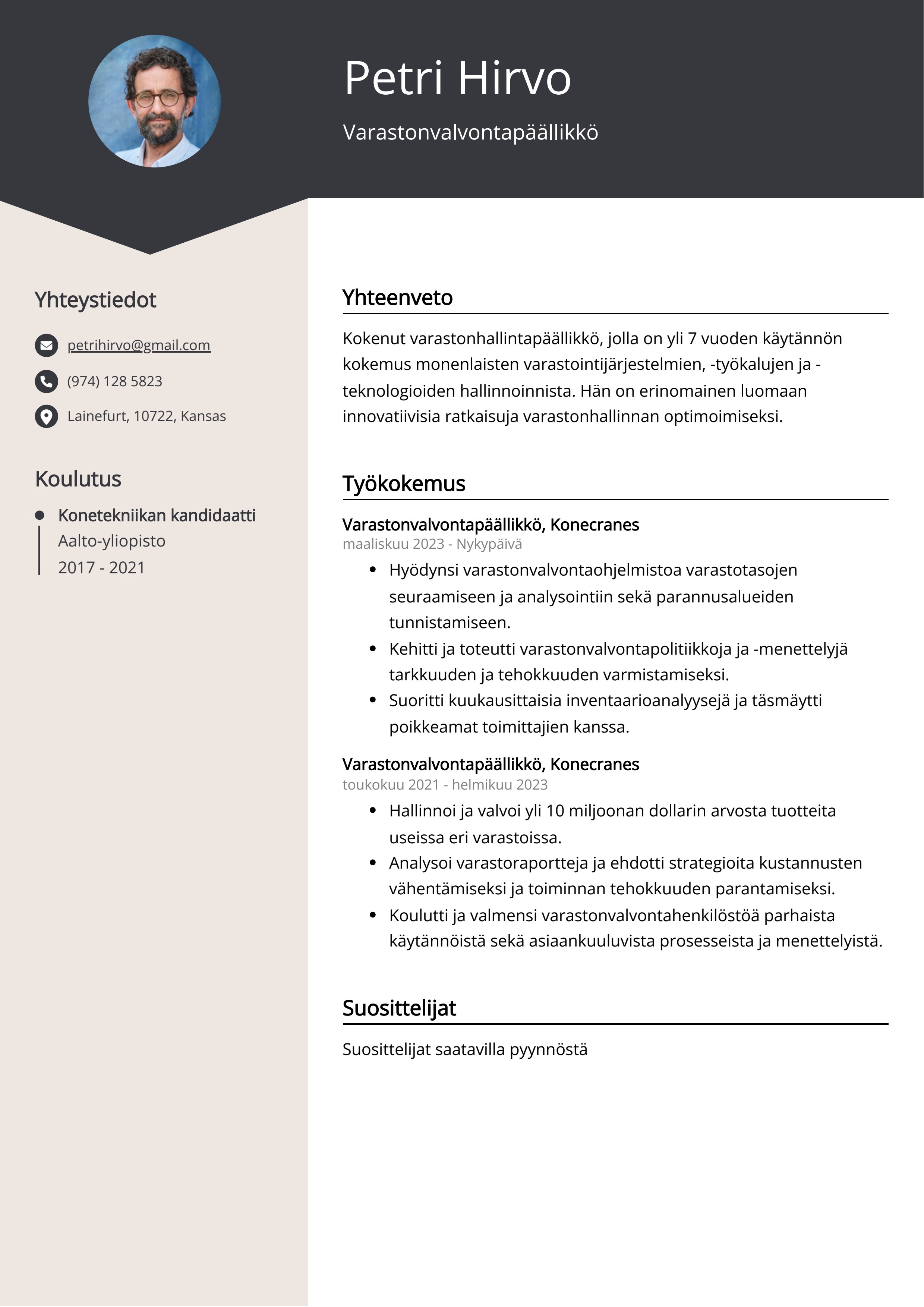 Varastonvalvontapäällikkö Resume Example