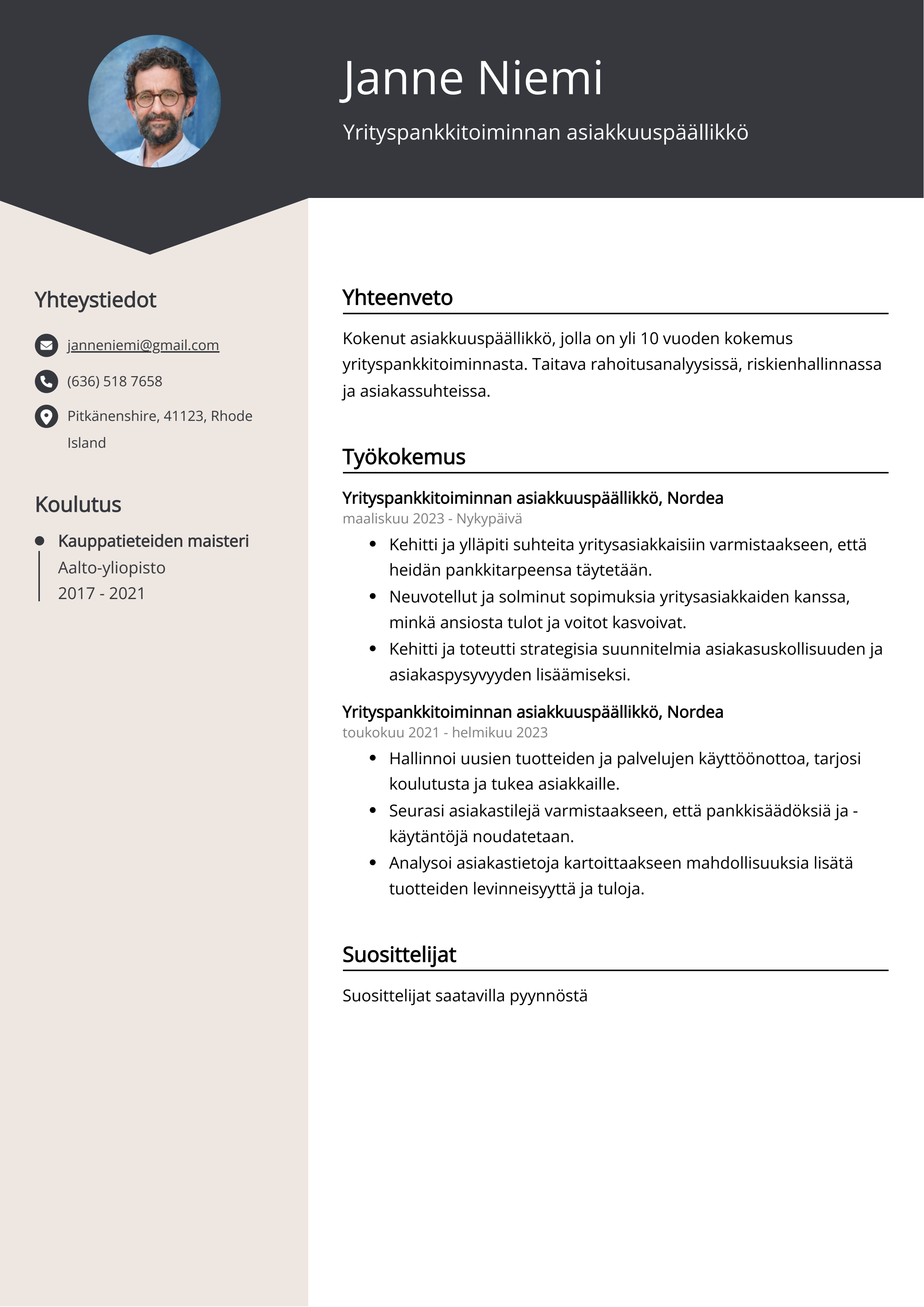 Yrityspankkitoiminnan asiakkuuspäällikkö Resume Example