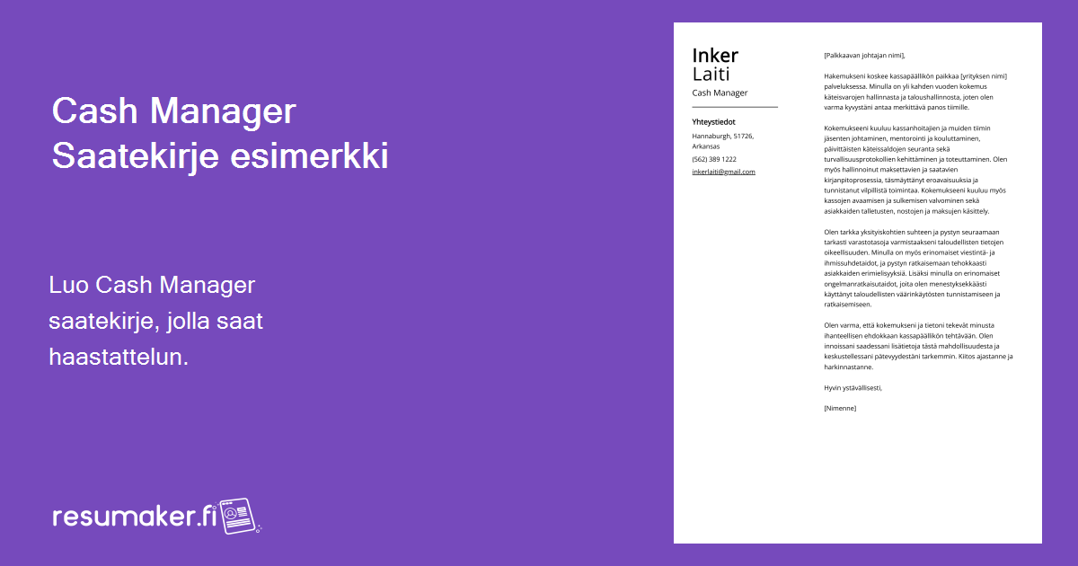 Cash Manager Saatekirje esimerkki vuodelle 2024