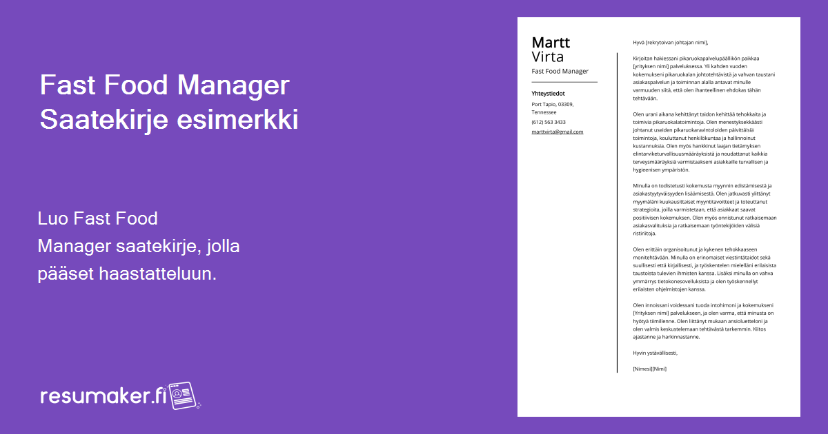 Fast Food Manager Saatekirje (Entry Level & Senior Jobs)