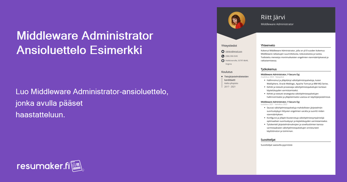 Middleware Administrator ansioluettelo: Työnkuvaus, näyte & opas